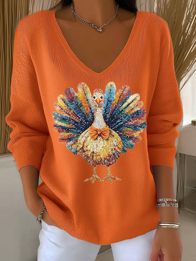 Colorful Thanksgiving Turkey V-Neck Long Sleeve Shirt Cute Turkey Apparel Present Ideas