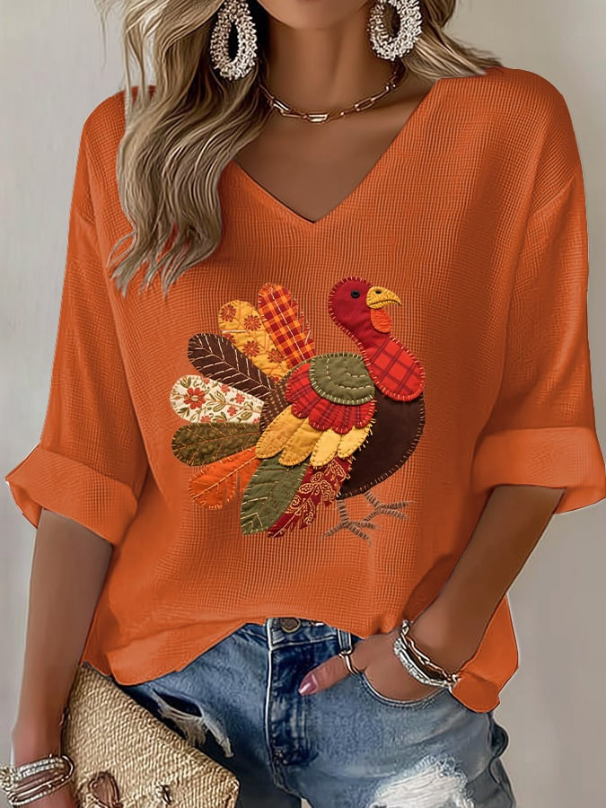 Colorful Thanksgiving Turkey V-Neck Long Sleeve Shirt Turkey Day Merch Gifts For Mother
