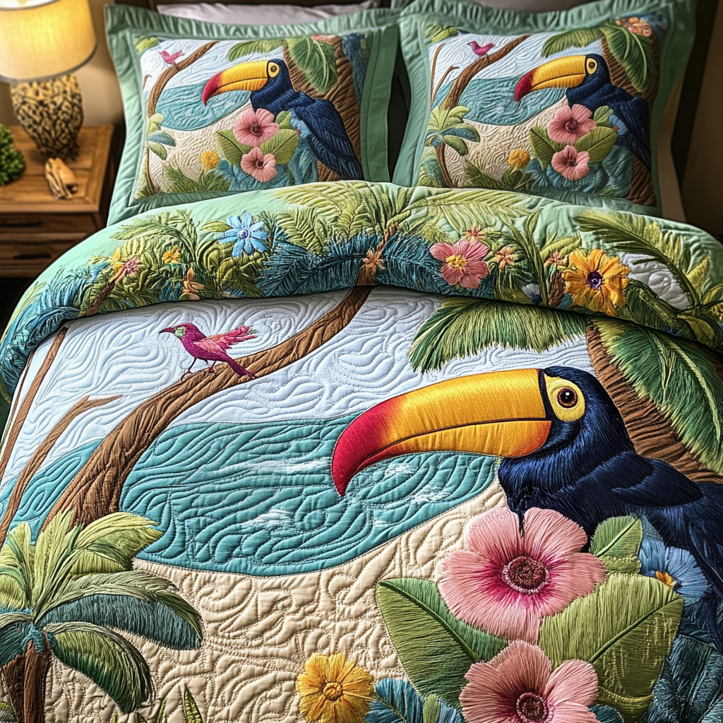 Colorful Toucan Quilted Bedding Set Meaningful Home Gift for Special Occasions
