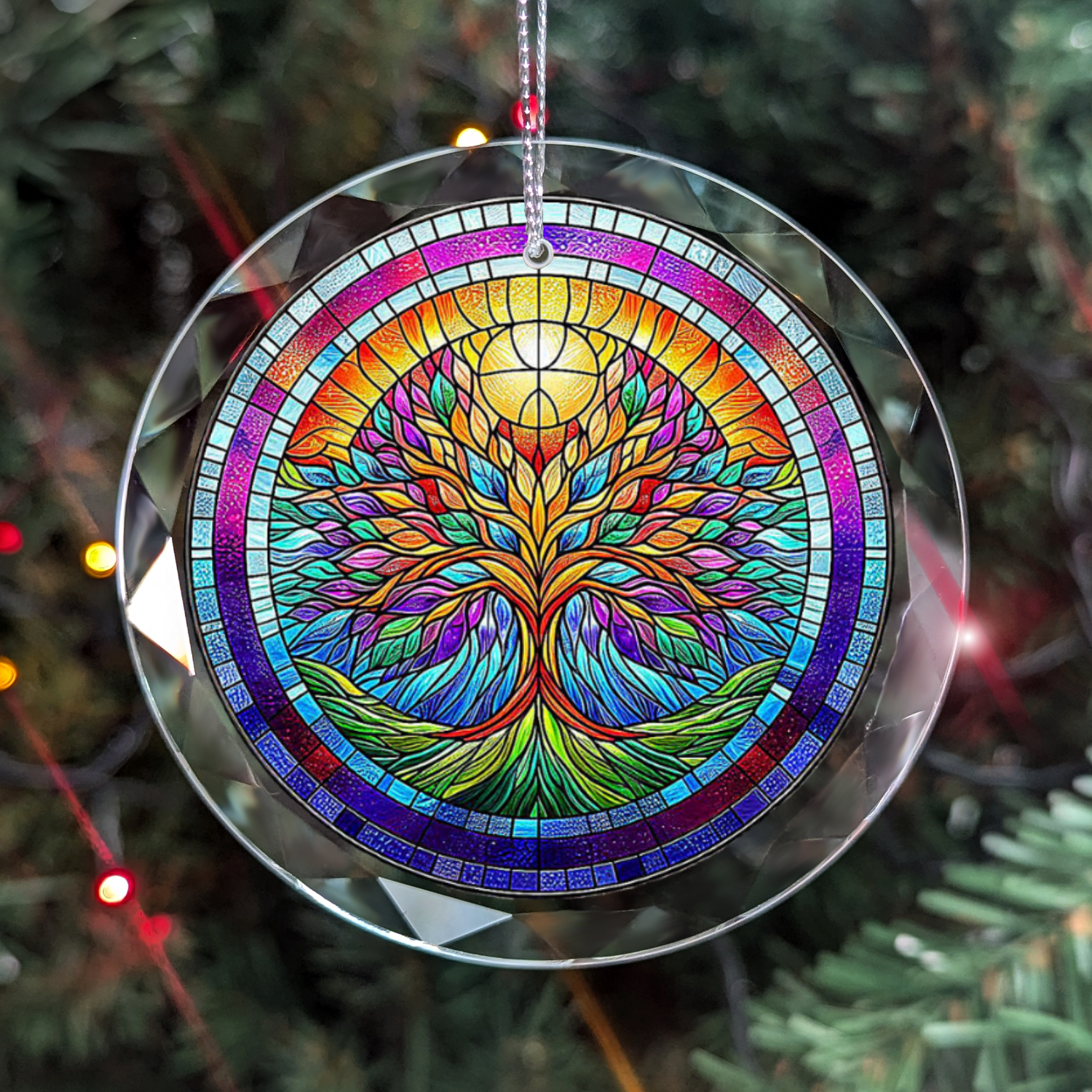 Colorful Tree Of Life And The Sun Stained Style Glass Ornament Best Present For Friends
