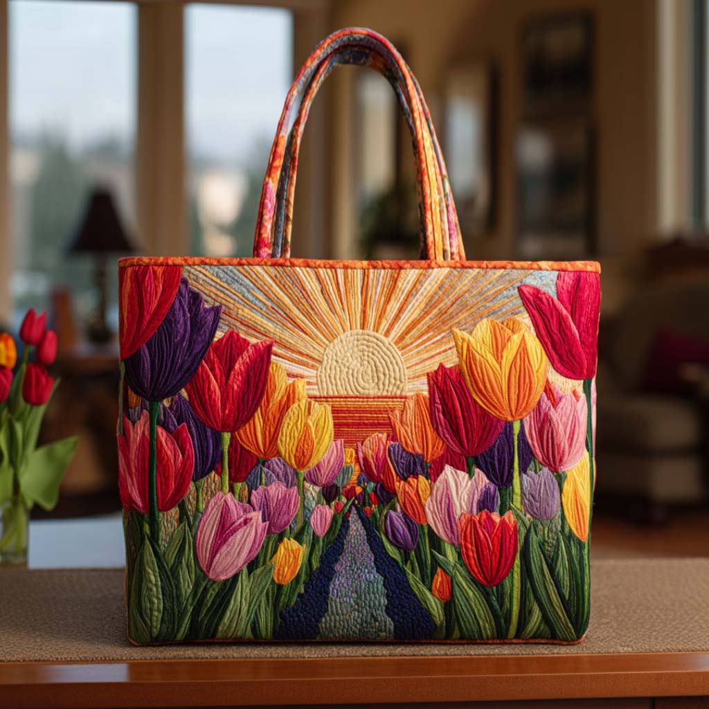 Colorful Tulip Field Quilted Tote Bag Tulip Themed Gifts For Adults