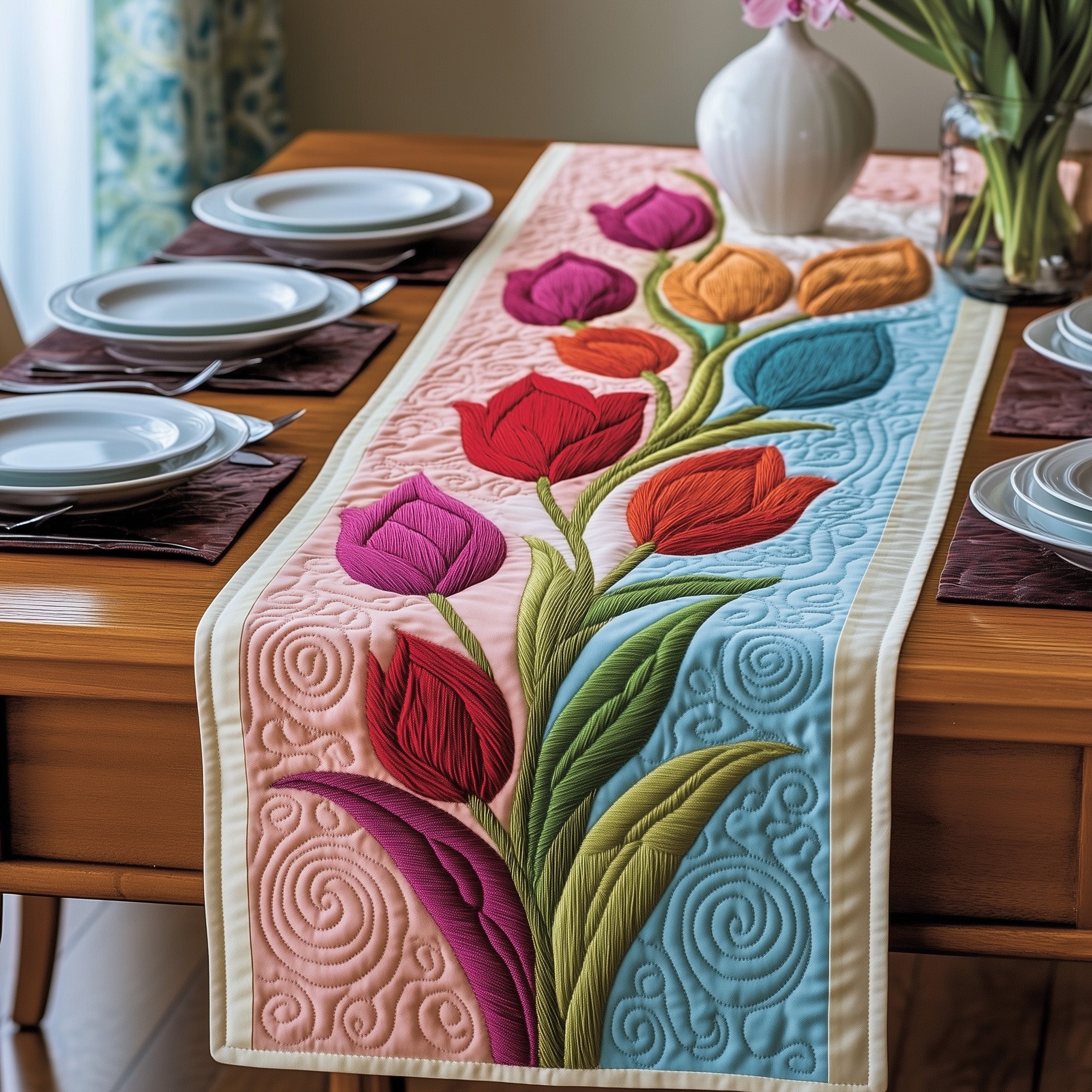 Colorful Tulip Quilted Table Runner Holiday Season Table Runner