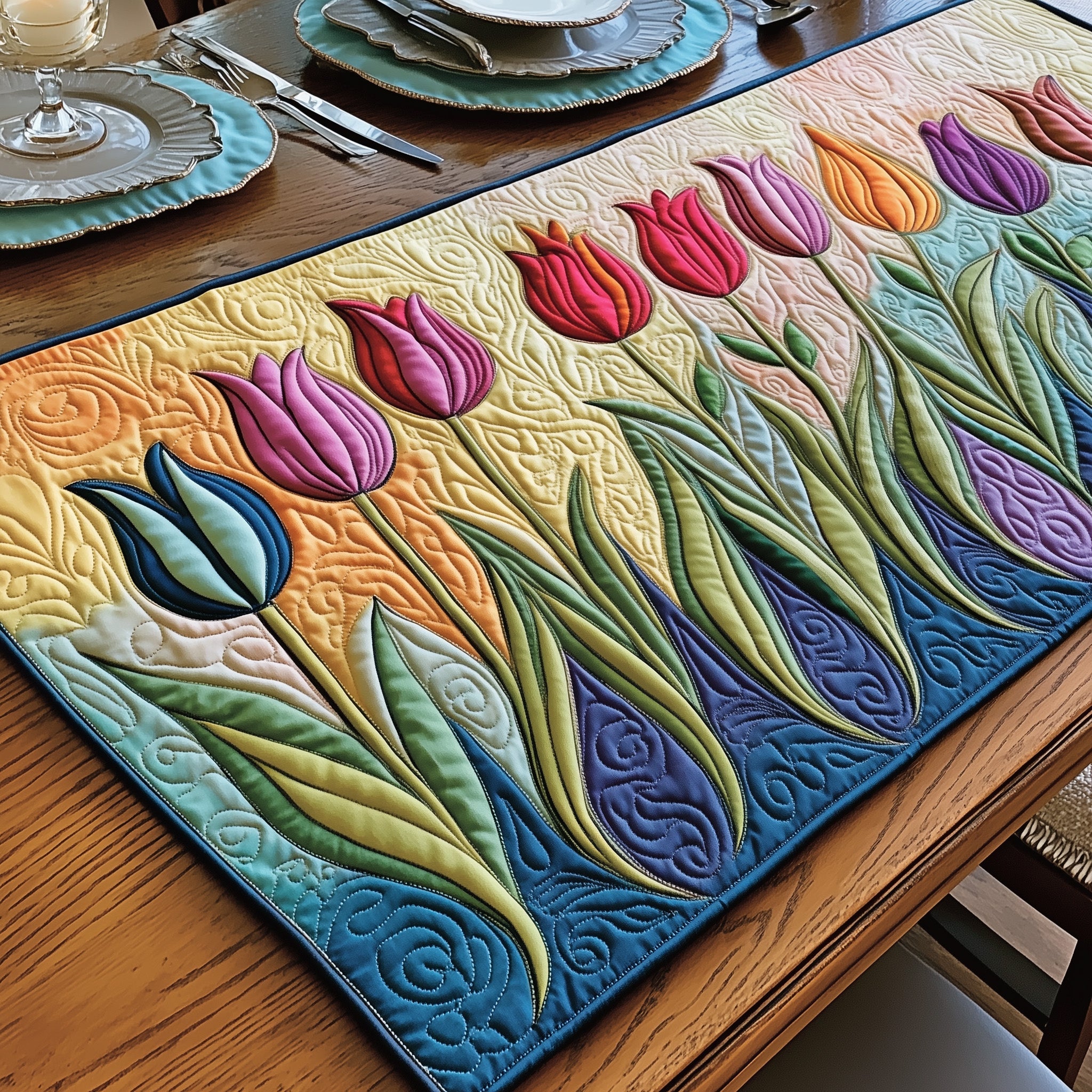 Colorful Tulip Quilted Table Runner Merry Christmas Table Runner Decor