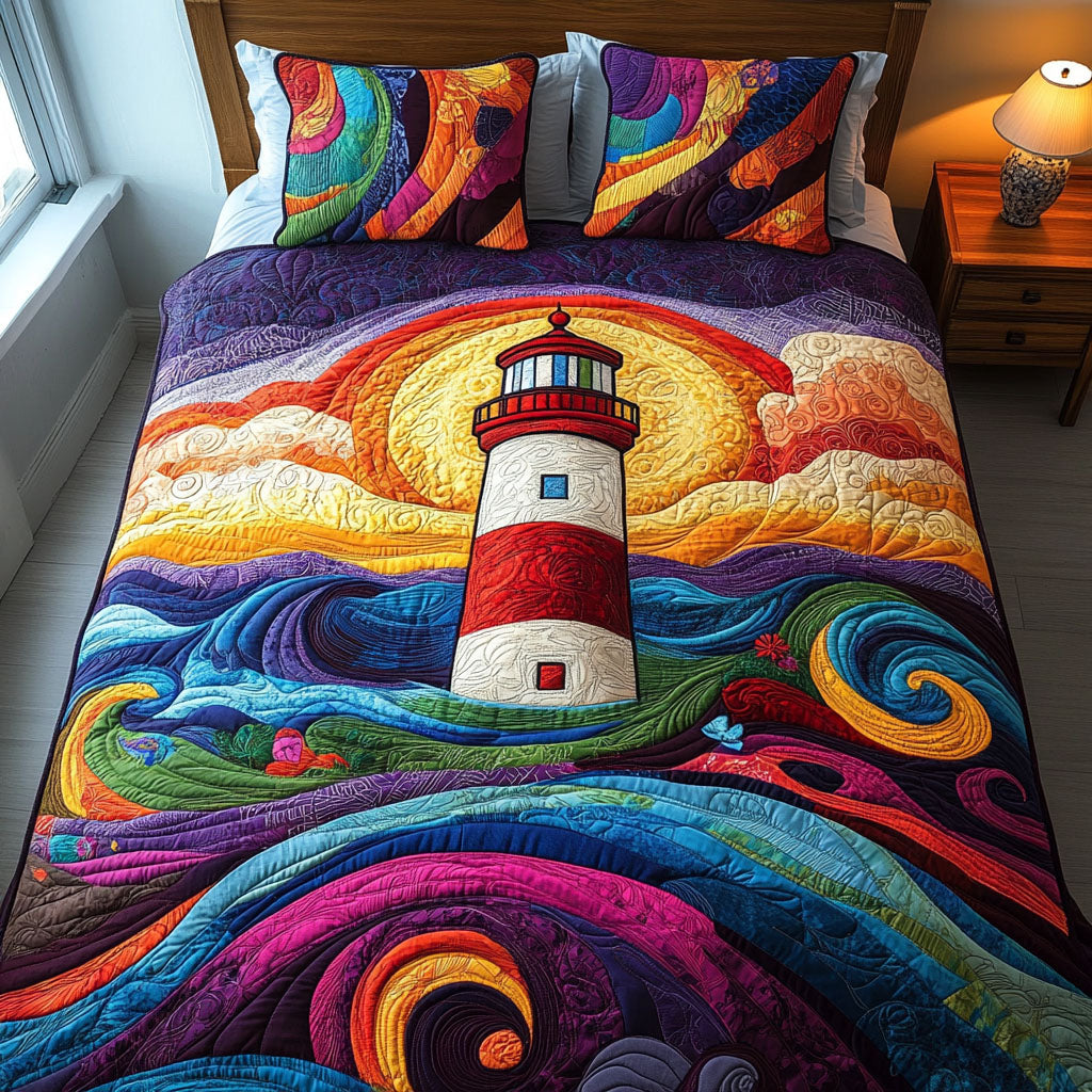Colorful Waves Lighthouse Quilted Bedding Set Special Home Gift Idea for Comfortable Living