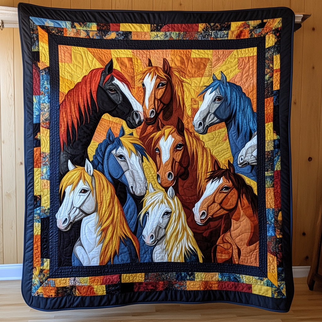 Colorful Wild Horse Quilted Blanket Equine Gifts For Horse Lovers