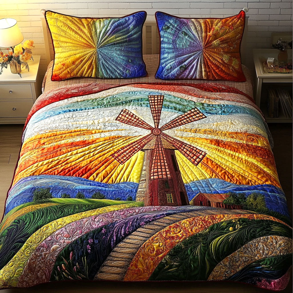 Colorful Windmill Quilted Bedding Set Perfect Bedding Gift Set for Holiday Celebrations