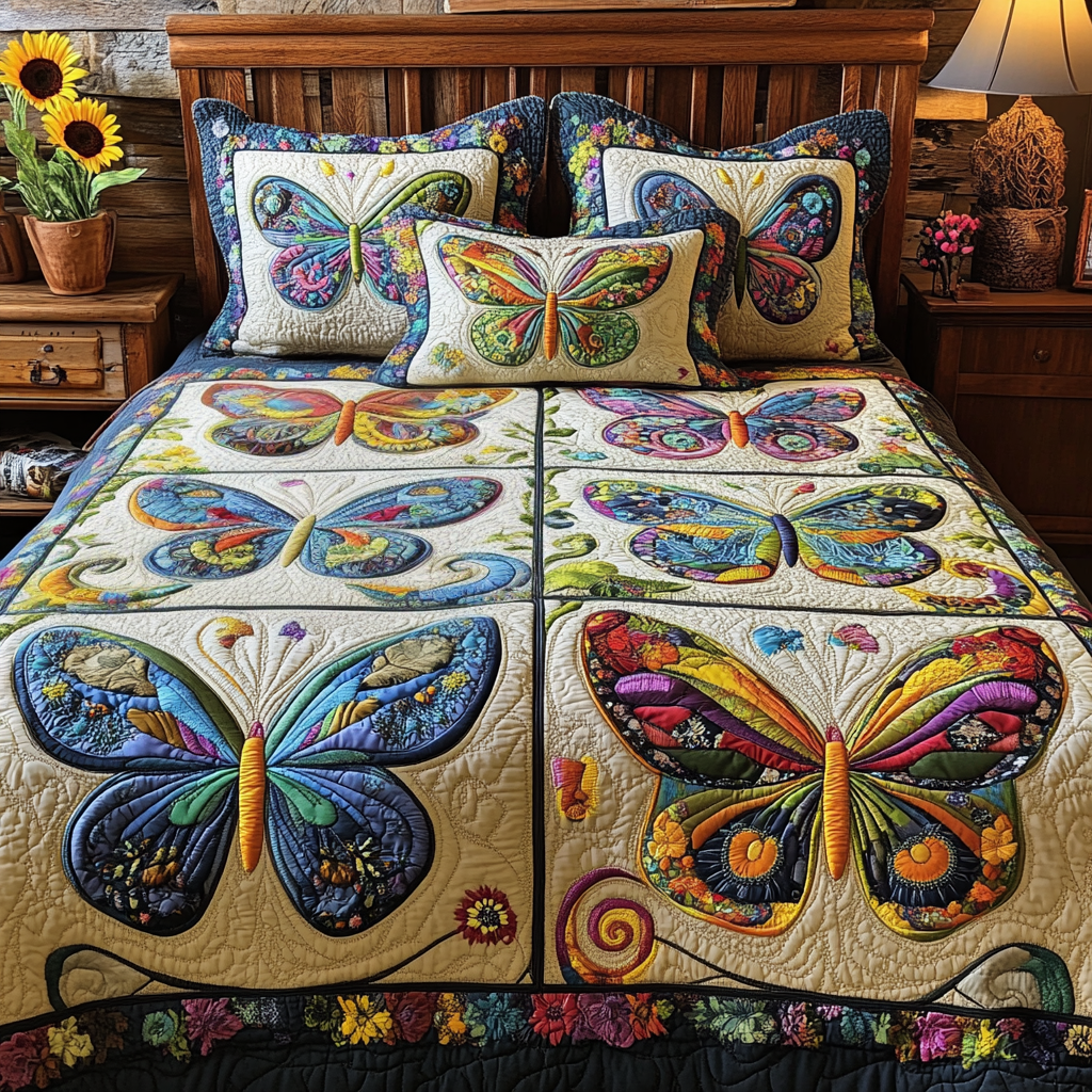Colorful Wings Quilted Bedding Set Aesthetic Room Decor Butterfly Birthday Gifts