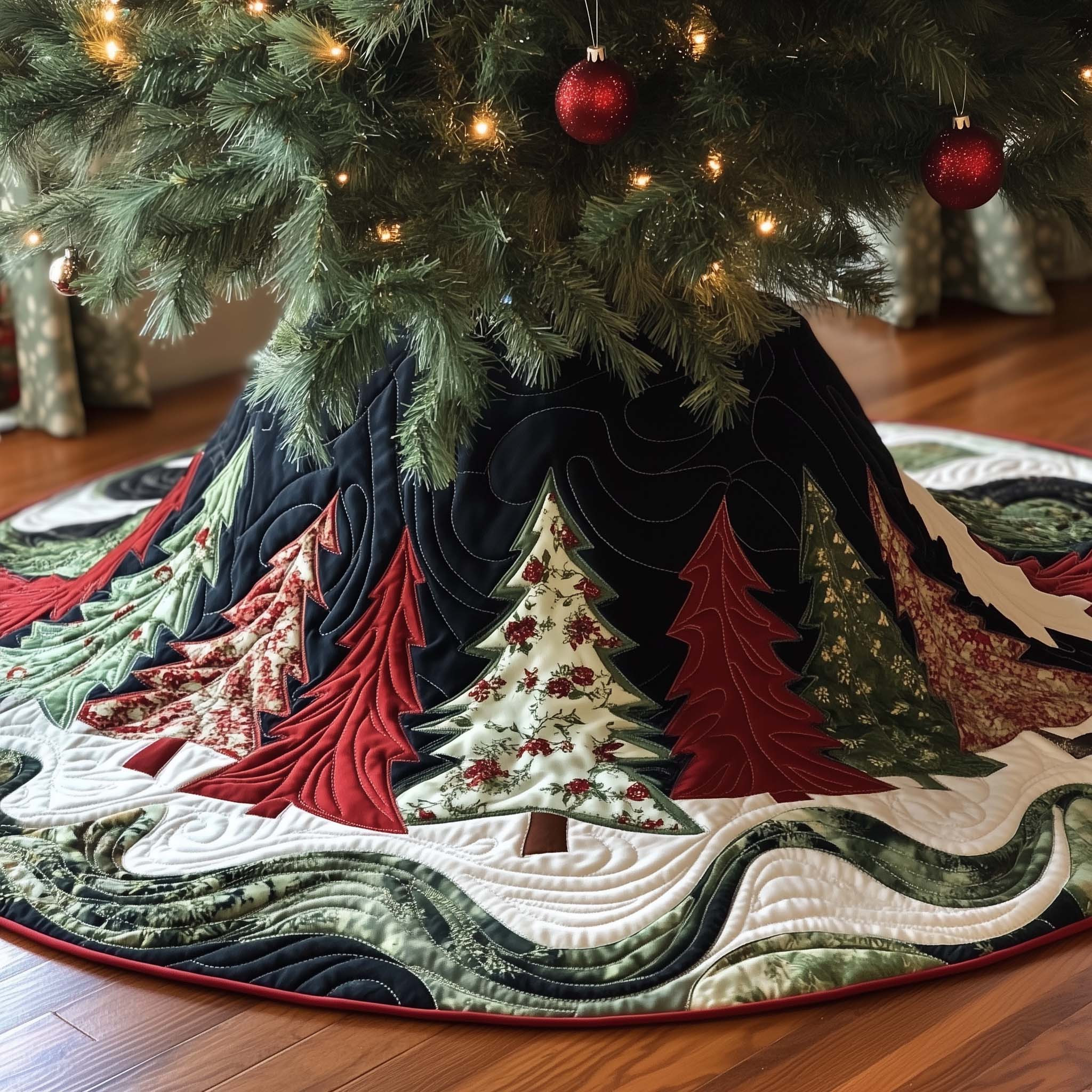 Colorful Winter Pine Quilted Tree Skirt Indoor Christmas Decorations Xmas Gift For Mom