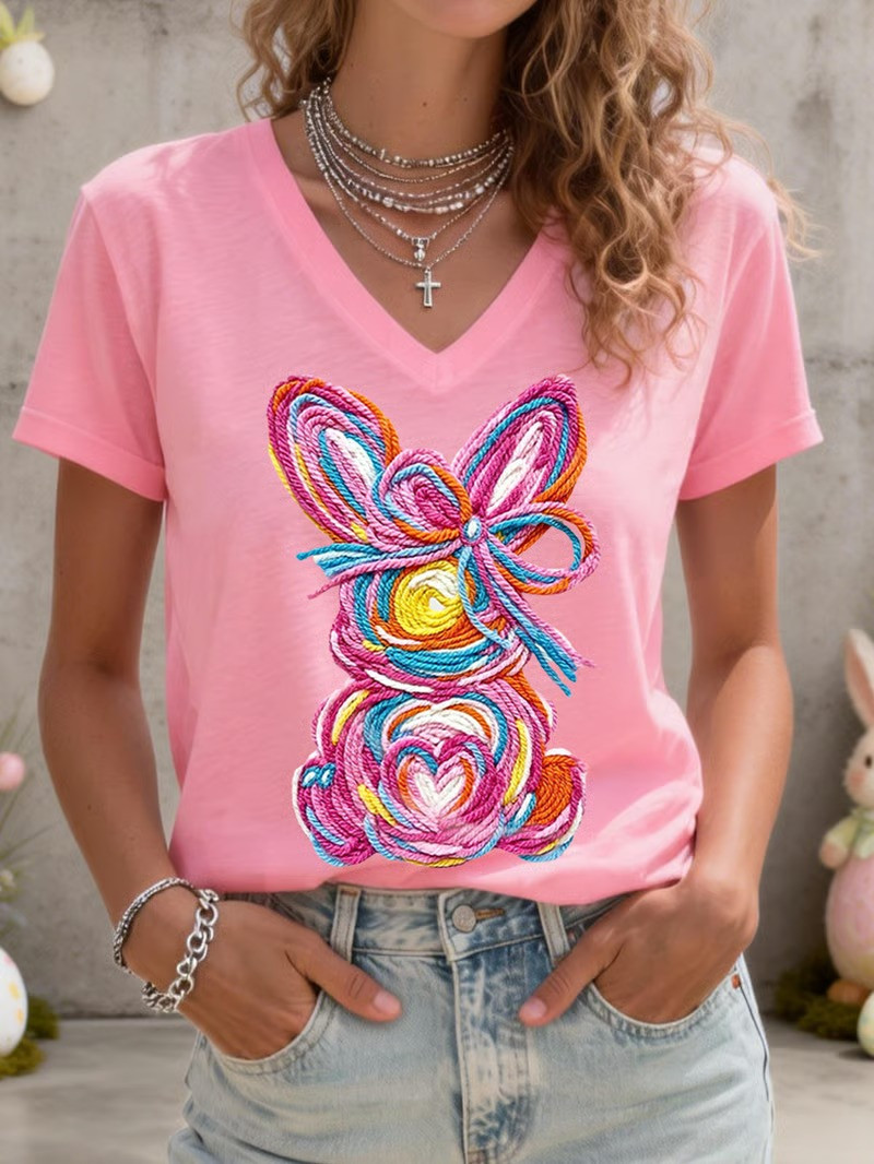 Colorful Yarn Easter Bunny V-Neck Shirt Cute Spring Rabbit Bow Fan Tee Best Gift For Easter Lovers