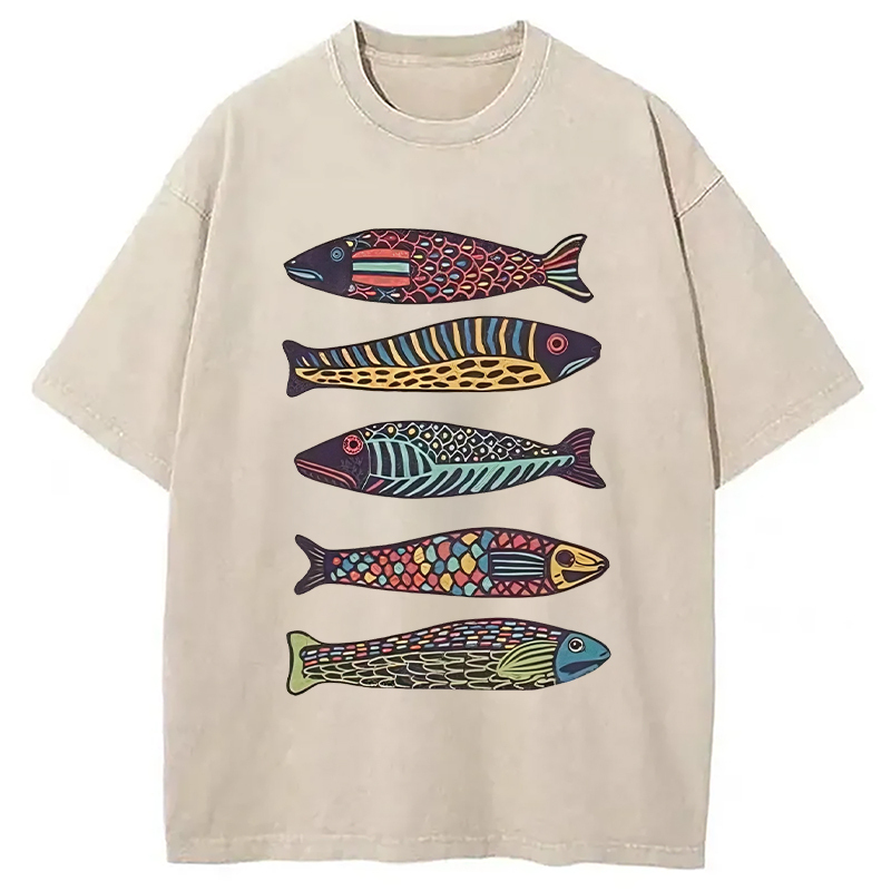 Colourful Schools Of Fish Washed T-Shirt Retro Streetwear Graphic Top Gifts For Her