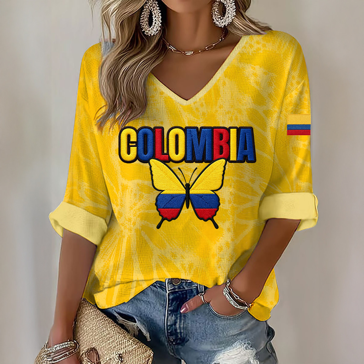Columbia 2026 FIFA World Cup Butterfly V-Neck Long Sleeve Shirt Soccer Apparel Gift For Her