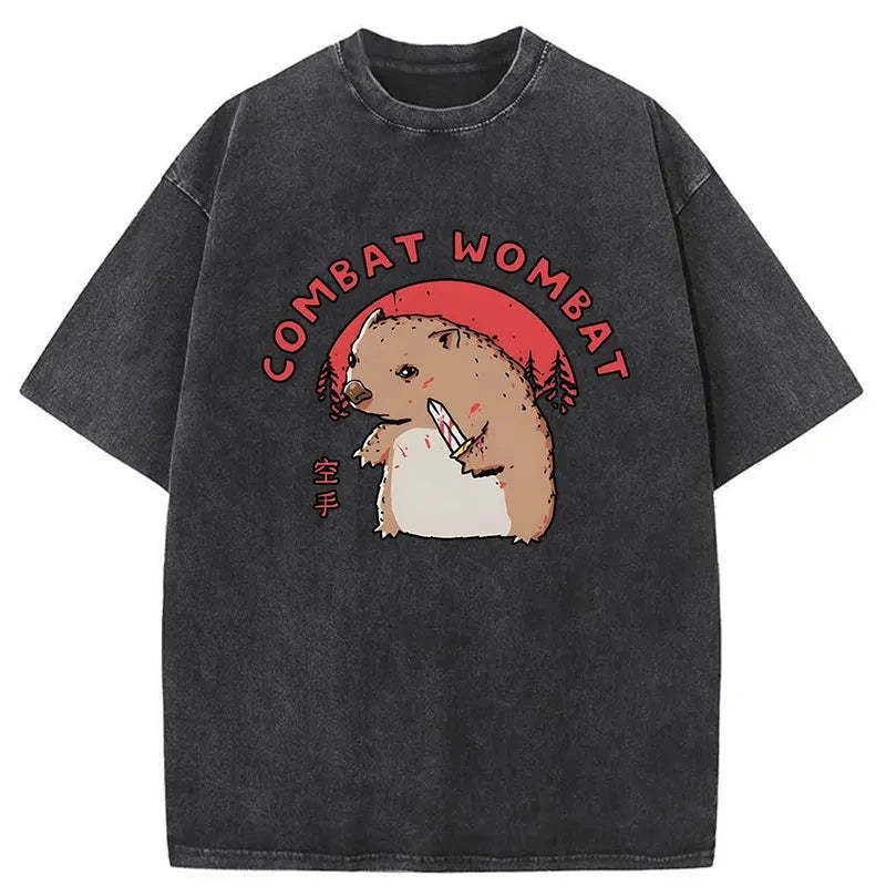 Combat Wombat Japan Washed T-Shirt Retro Humor Graphic Top Gifts For Him Combat Wombat Japan Washed T-Shirt Retro Humor Graphic Top Gifts For Him