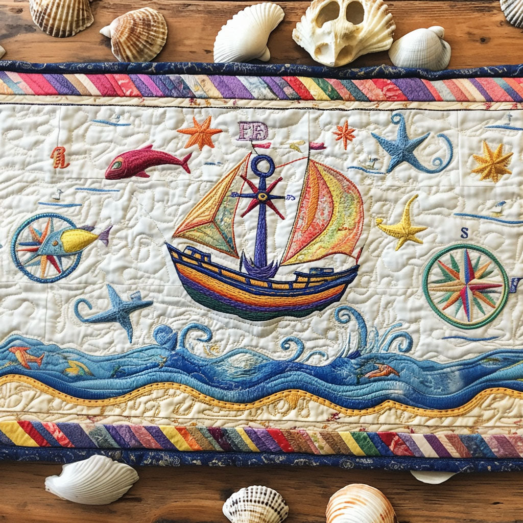 Compass of Sailor Quilted Table Runner Ocean Themed Table Runners Anchor Gifts For Her