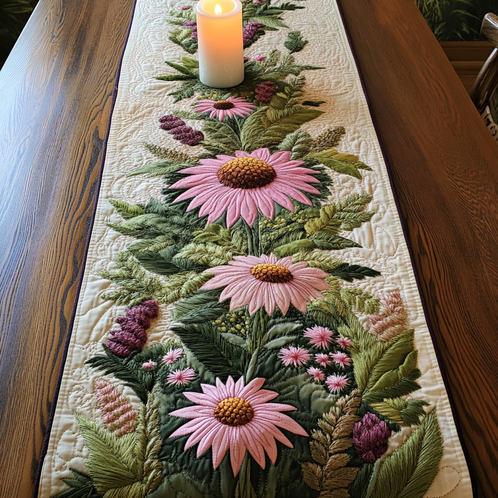 Coneflower Charm Quilted Table Runner Dining Table Decor Christmas Flower Gifts