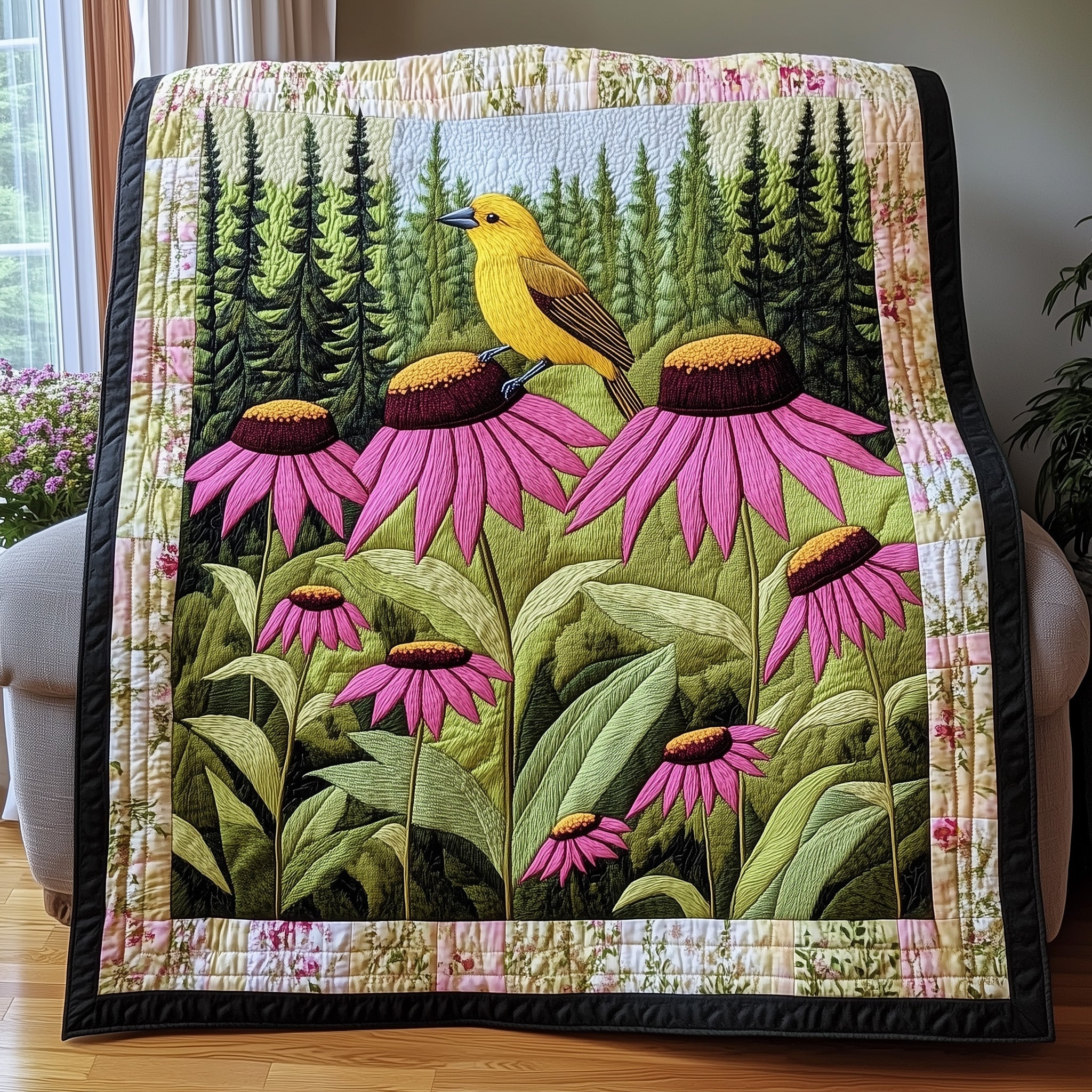 Coneflower Meadow Quilted Blanket Sofa Throw BlanketBest Bird Watching Gifts