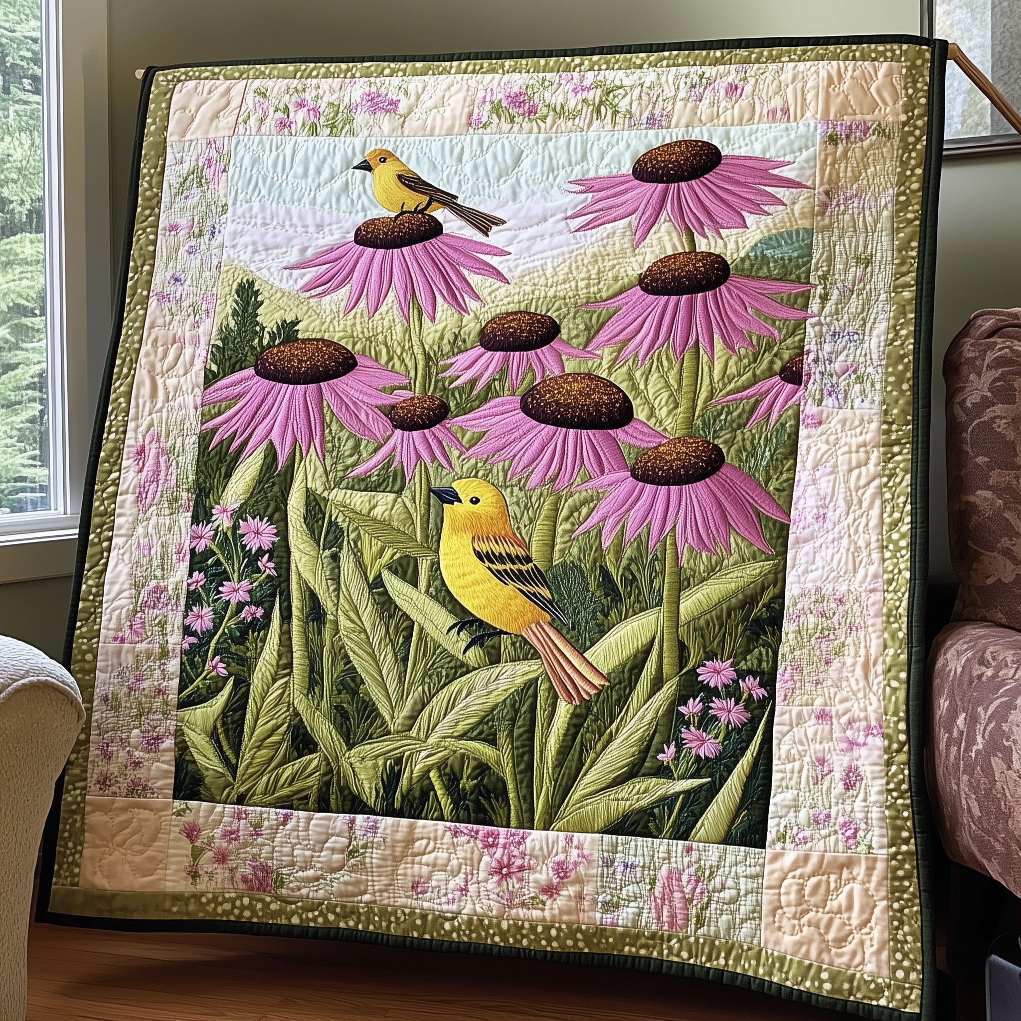 Coneflower Meadow Quilted Blanket Sofa Throw BlanketGreat Gifts For Bird Lovers