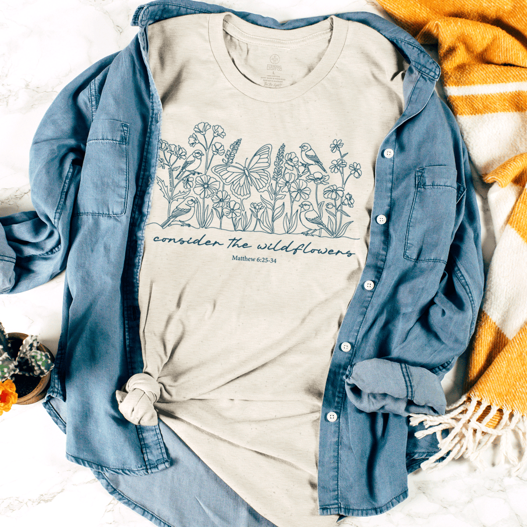 Consider The Wildflowers Matthew 6 25 Graphic T-Shirt Women Christian Botanical Faith Gift