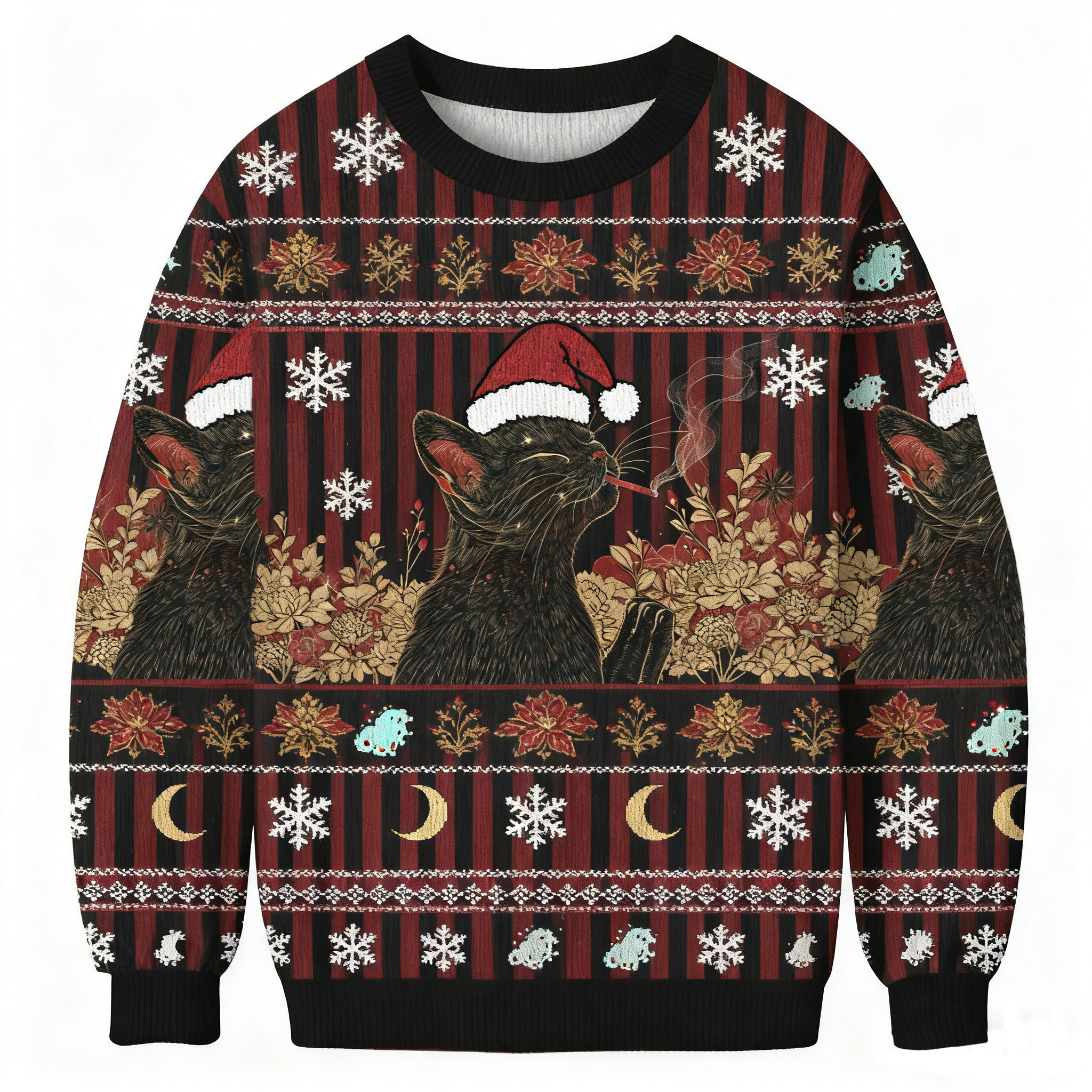 Cool Black Cat Smoking In Artistic Floral Scene Christmas Ugly Sweater Xmas Wear Pet Lover Gifts