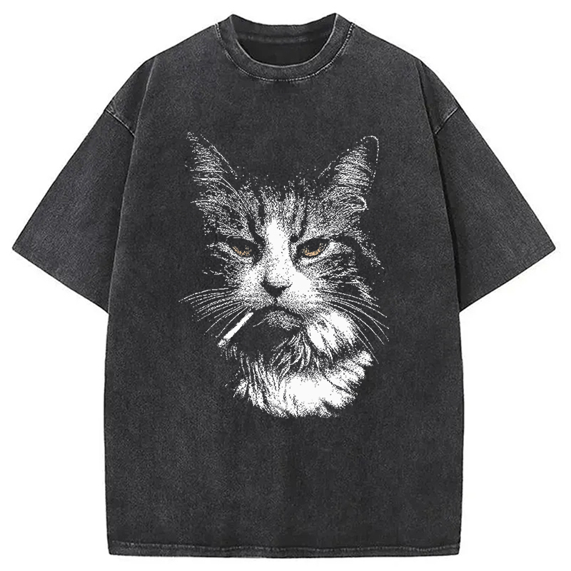 Cool Cat Smoking Meme Washed T-Shirt Casual Oversized Outfit Style Gifts For Besties
