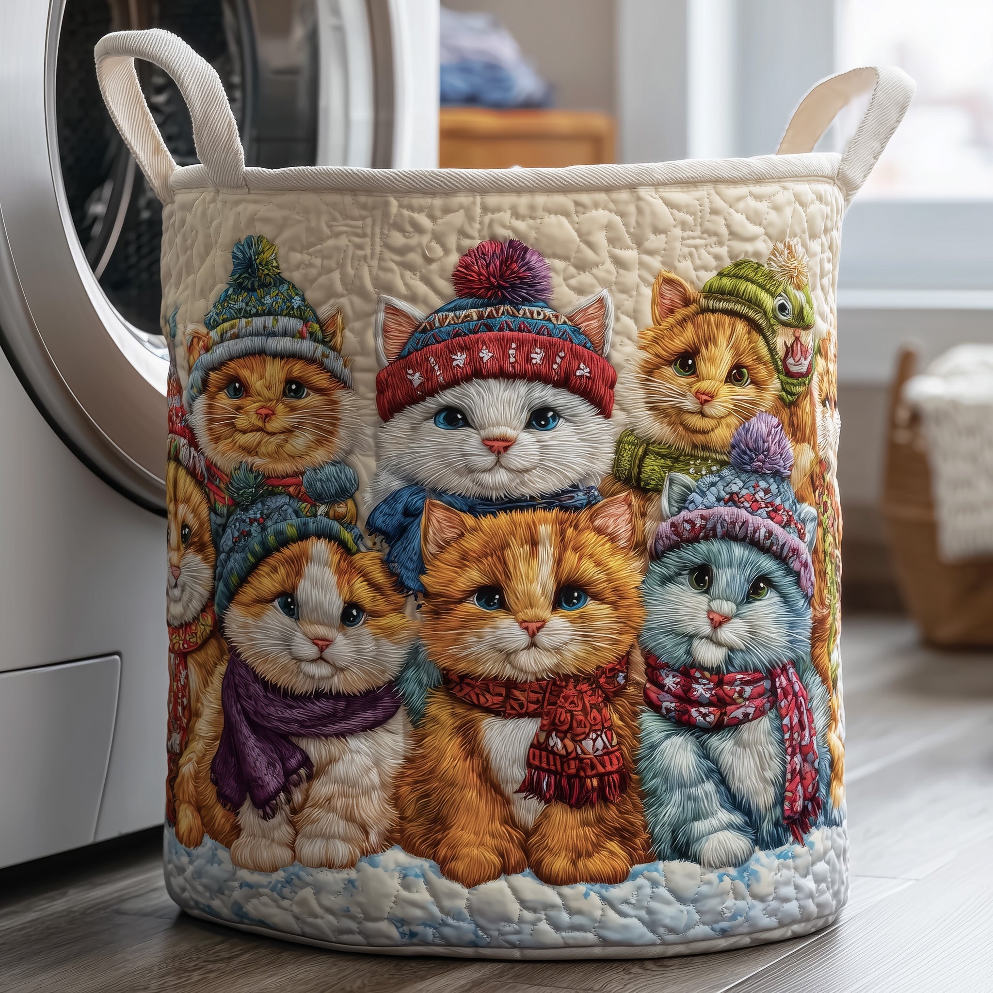 Cool Snowy Whiskers Quilted Laundry Basket Cute Gifts For Cat Lovers