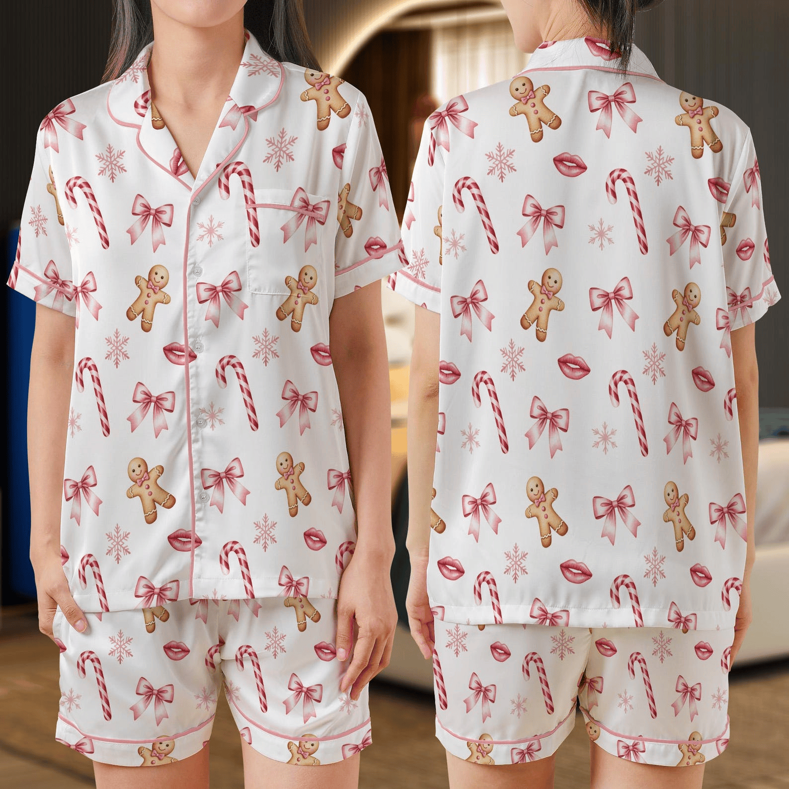 Coquette Christmas Pajama Set Bows & Gingerbread Print Satin Sleepwear