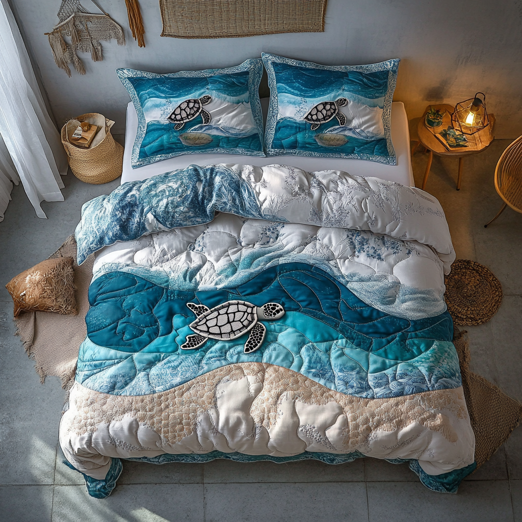 Coral Cruiser Quilted Bedding Set Best Bedspread Set Sea Turtle Gift Ideas For Her