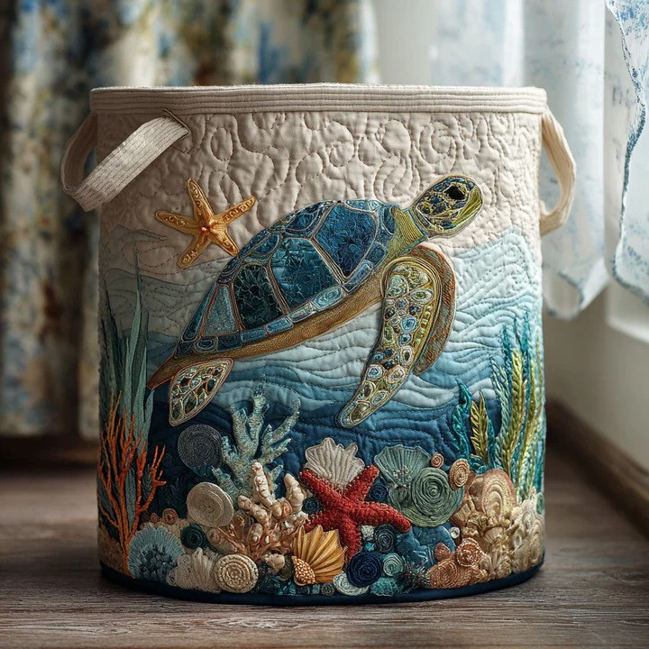 Coral Current Sea Quilted Laundry Basket Ocean Beach Home Organizer Best Gift For Ocean Lovers