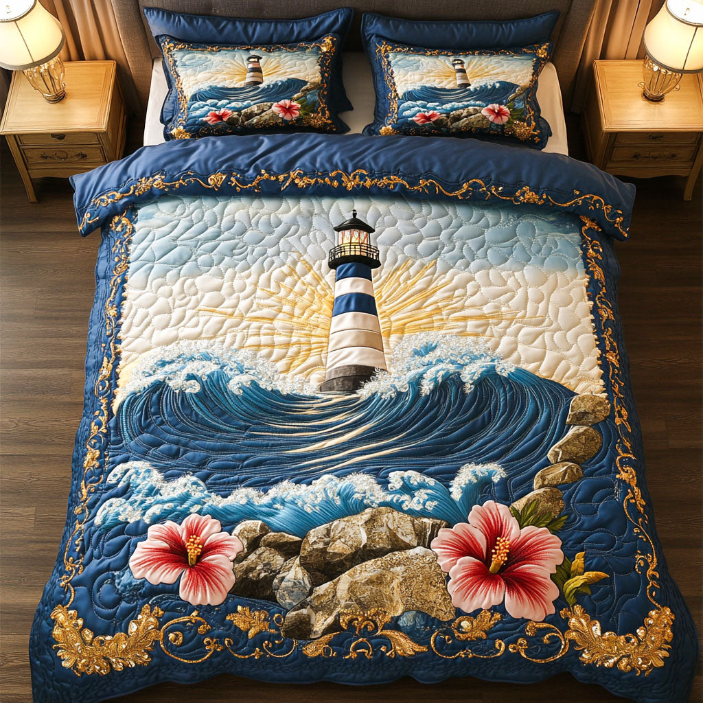 Coral Horizon Quilted Bedding Set Cool Bedroom Decor Ocean Lighthouse Gift Ideas