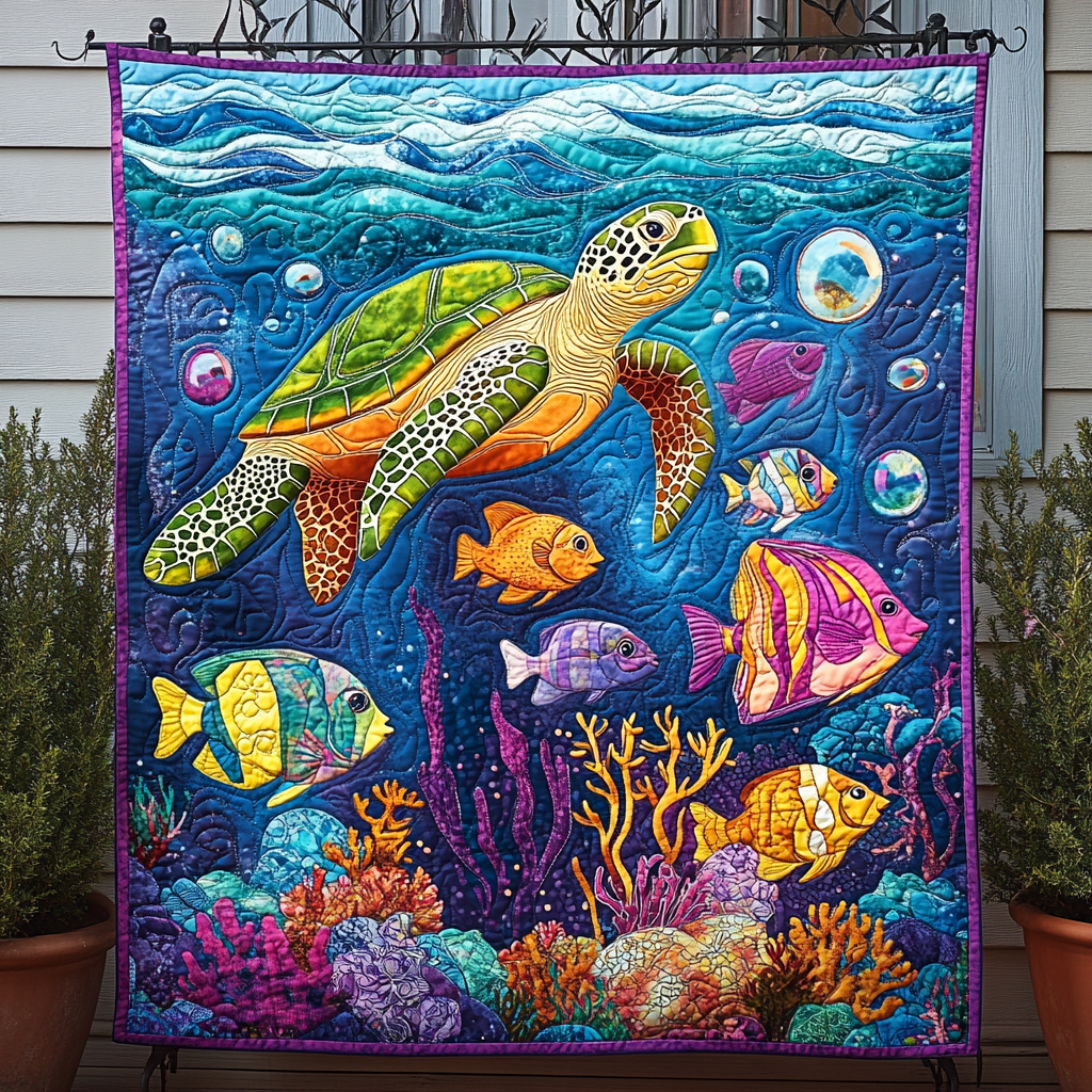 Coral Reef Guardian Quilted Blanket Unique Gifts For Turtle Lovers