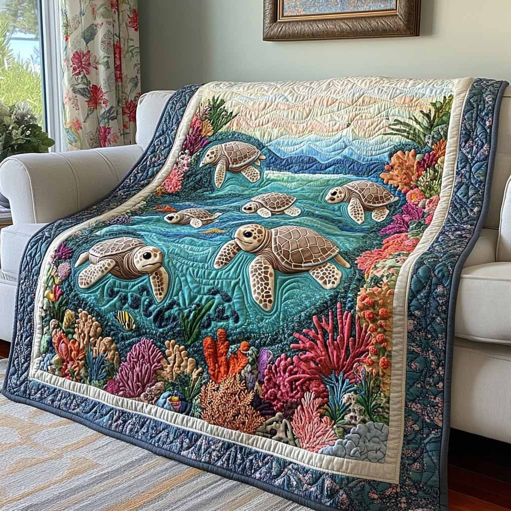 Coral Reef Sea Turtle Quilted Blanket Tropical Ocean Decor Apparel Gift For Beach Lover