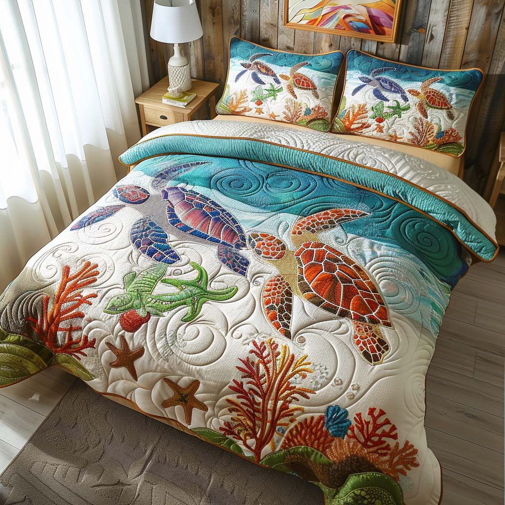 Coral Reef Turtle Quilted Bedding Set Twin Comforter Sets Ocean Lover Gift For Grandma