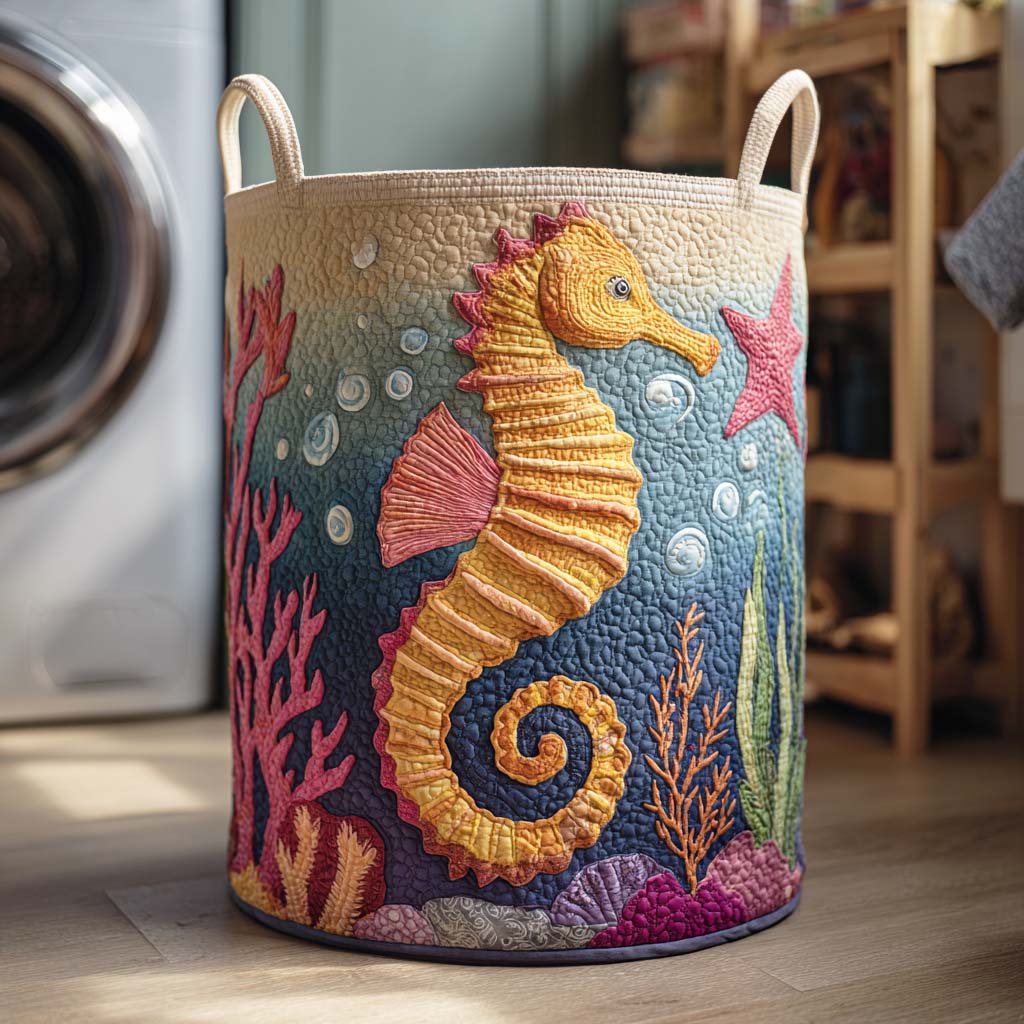 Coral Seahorse Quilted Laundry Basket Back To School Merch