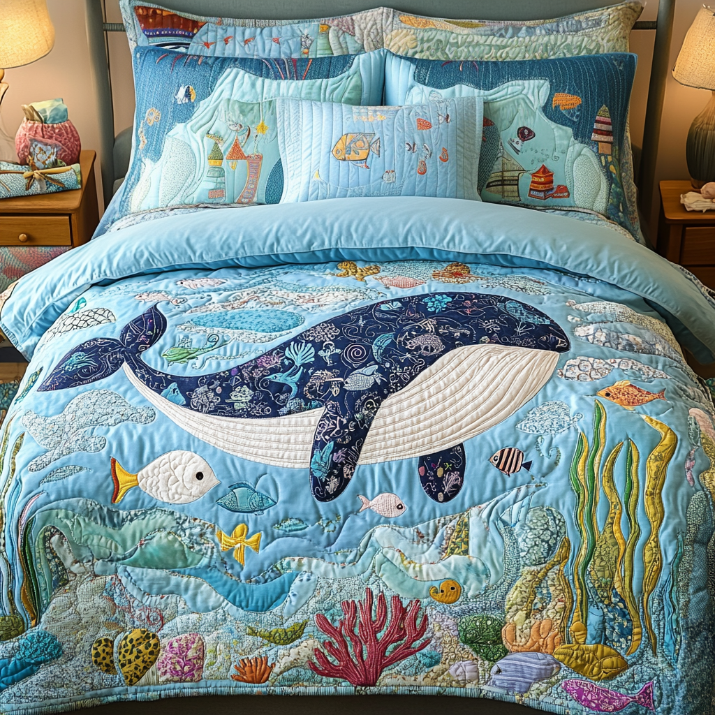 Coral Sky Quilted Bedding Set Bed Decor Whale Lovers Gifts For Him