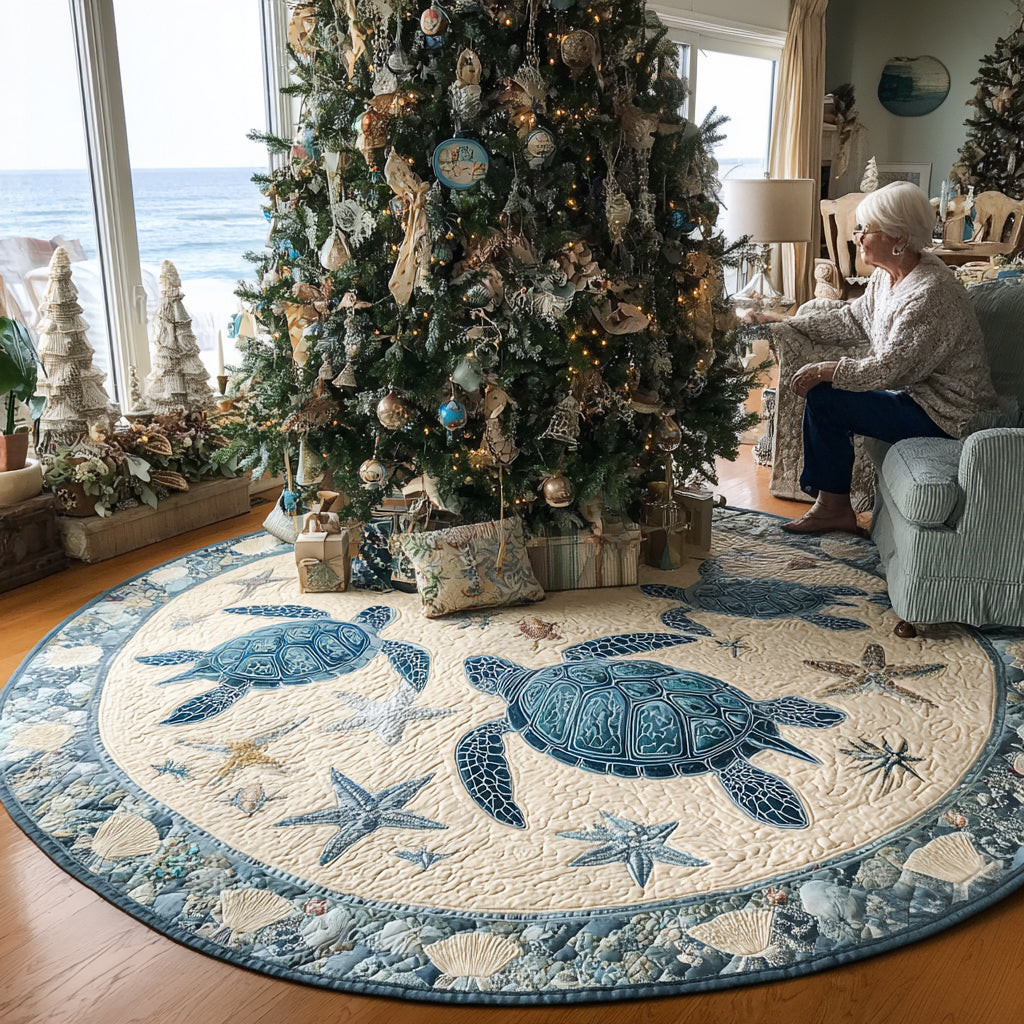 Coral Tide Turtle Christmas Quilted Tree Skirt Home Decor Christmas Gifts For Turtle Lovers