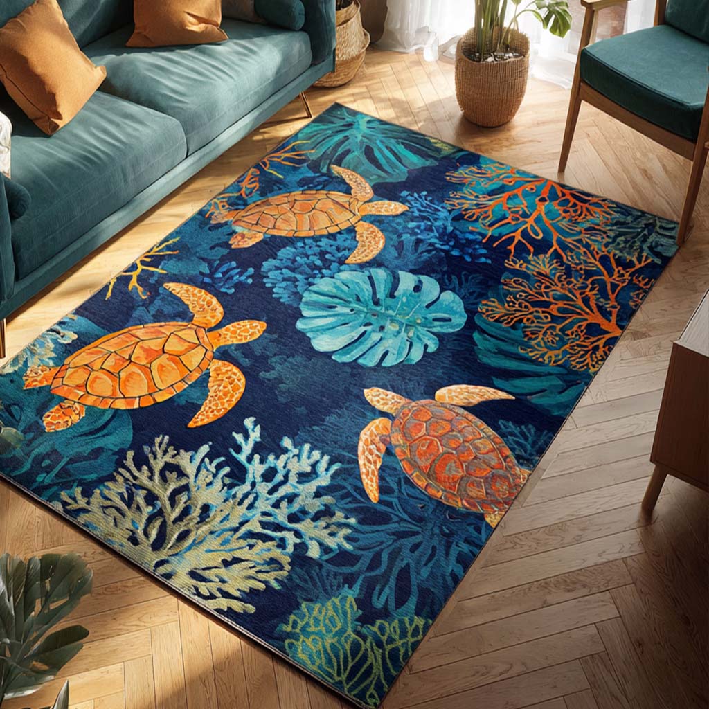 Coral Turtle Area Rug Unique Front Door Decor Gifts For Marine Life Lovers