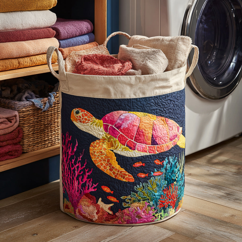 Coral Turtle Bloom Quilted Laundry Basket Ideal Gift For Mom