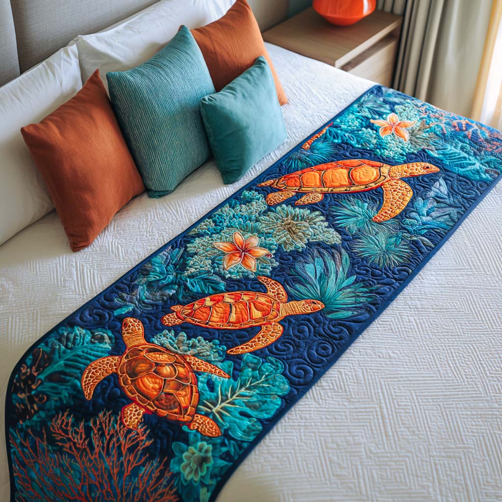 Coral Turtle Dance Quilted Bed Runner Bed Decor Sea Turtle Merchandise