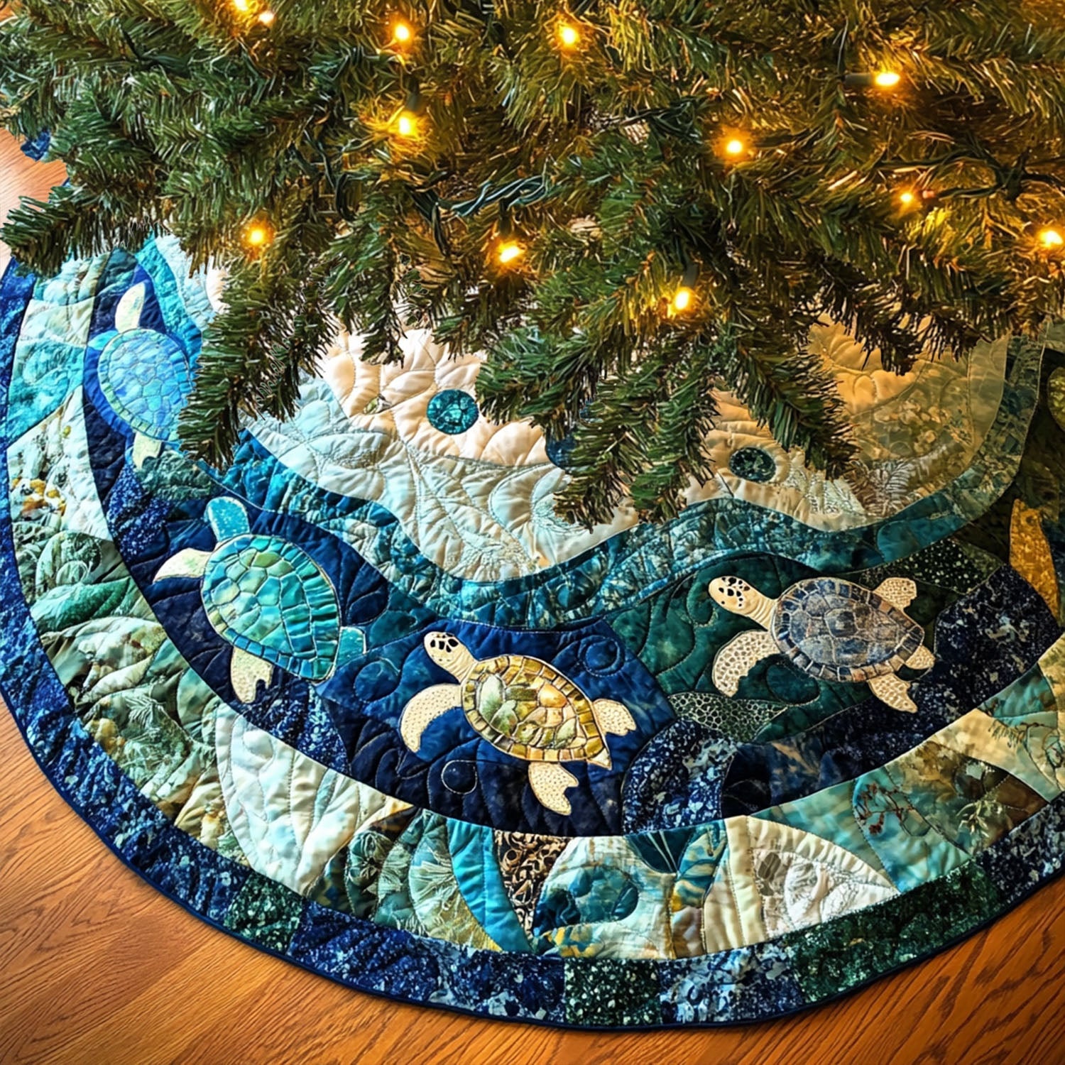 Coral Turtle Quilted Christmas Tree Skirt Warm And Cozy Holiday Decor