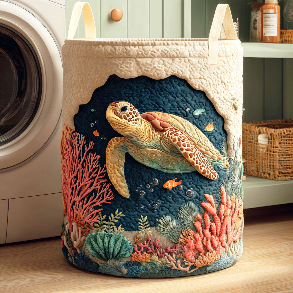 Coral Turtle Quilted Laundry Basket Merch For Cozy Nights