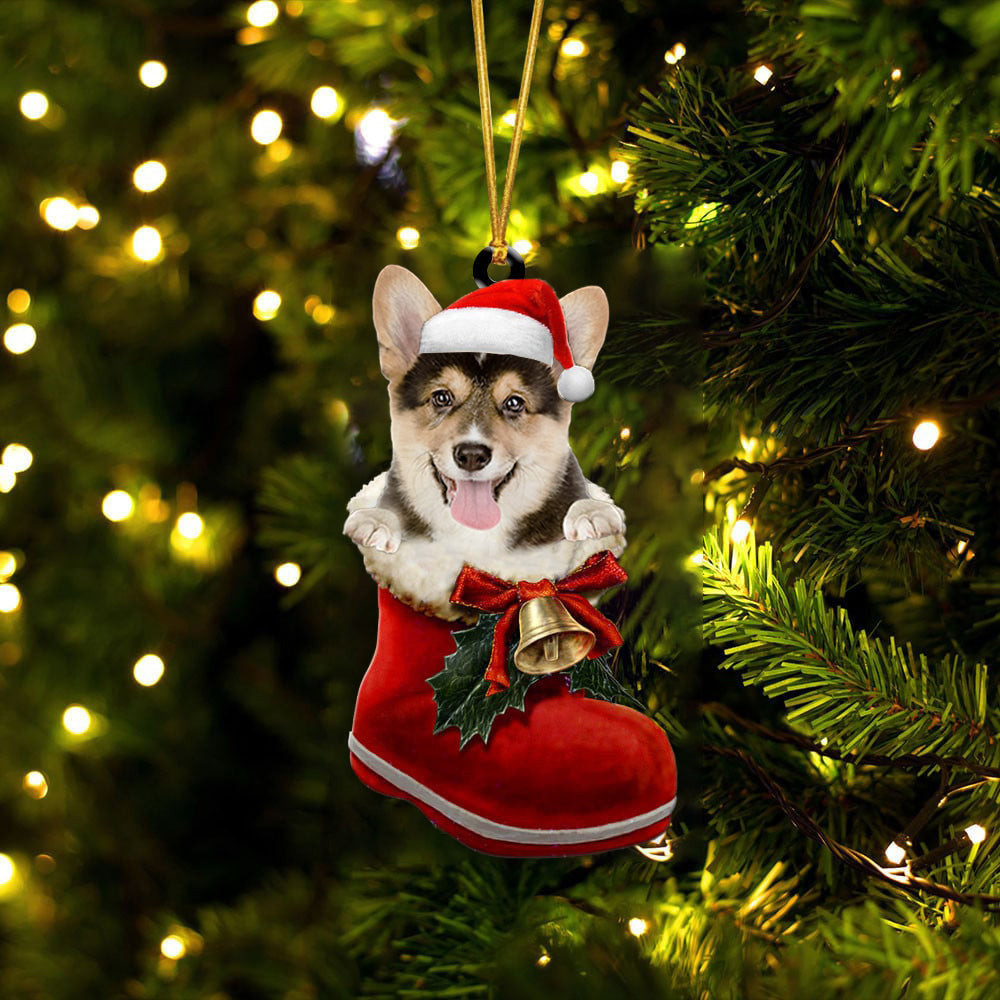 Corgi 2 In Santa Boot Christmas Two Sided Ornament