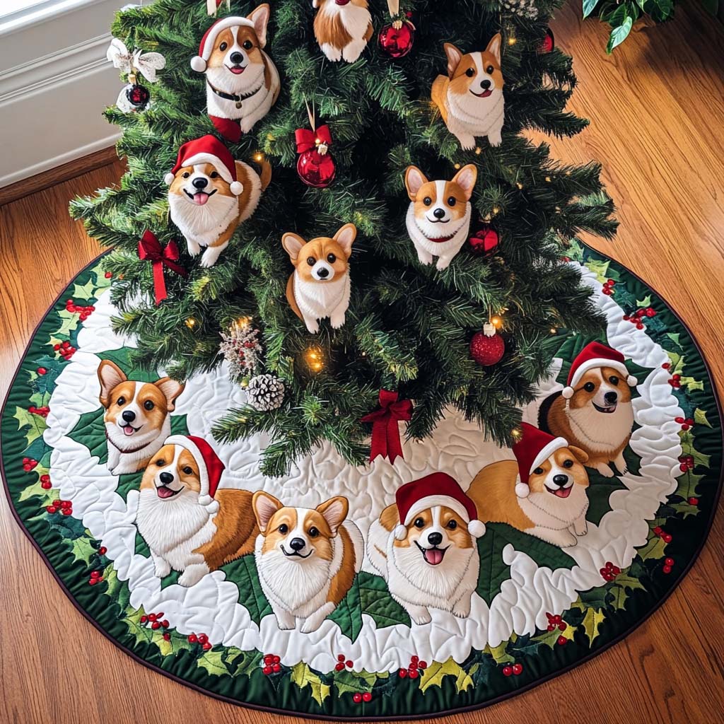 Corgi Adventures Christmas Quilted Tree Skirt Merry And Bright Holiday Decor