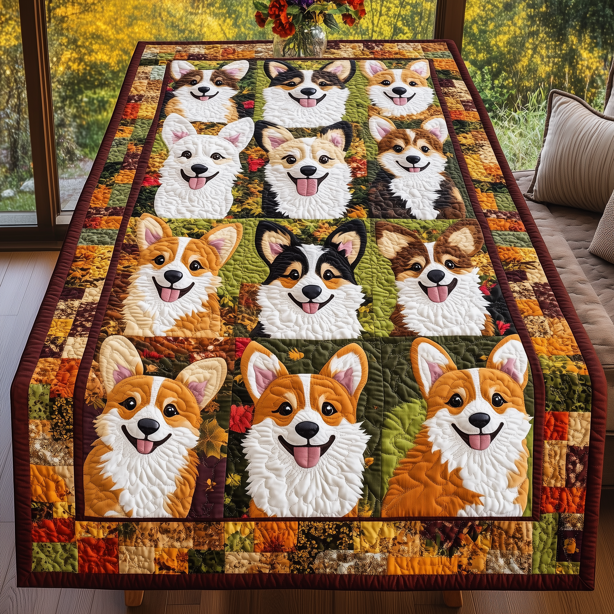 Corgi Autumn Vibe Quilted Table Runner Cute Decorarions Dog Lover Corgi Gifts For Her