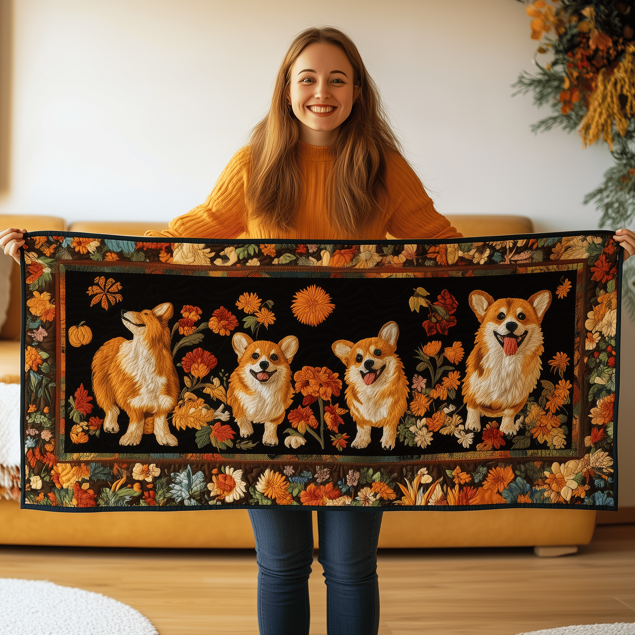 Corgi Autumn Vibe Quilted Table Runner Cute Decorarions Dog Lover Corgi Gifts For HIm