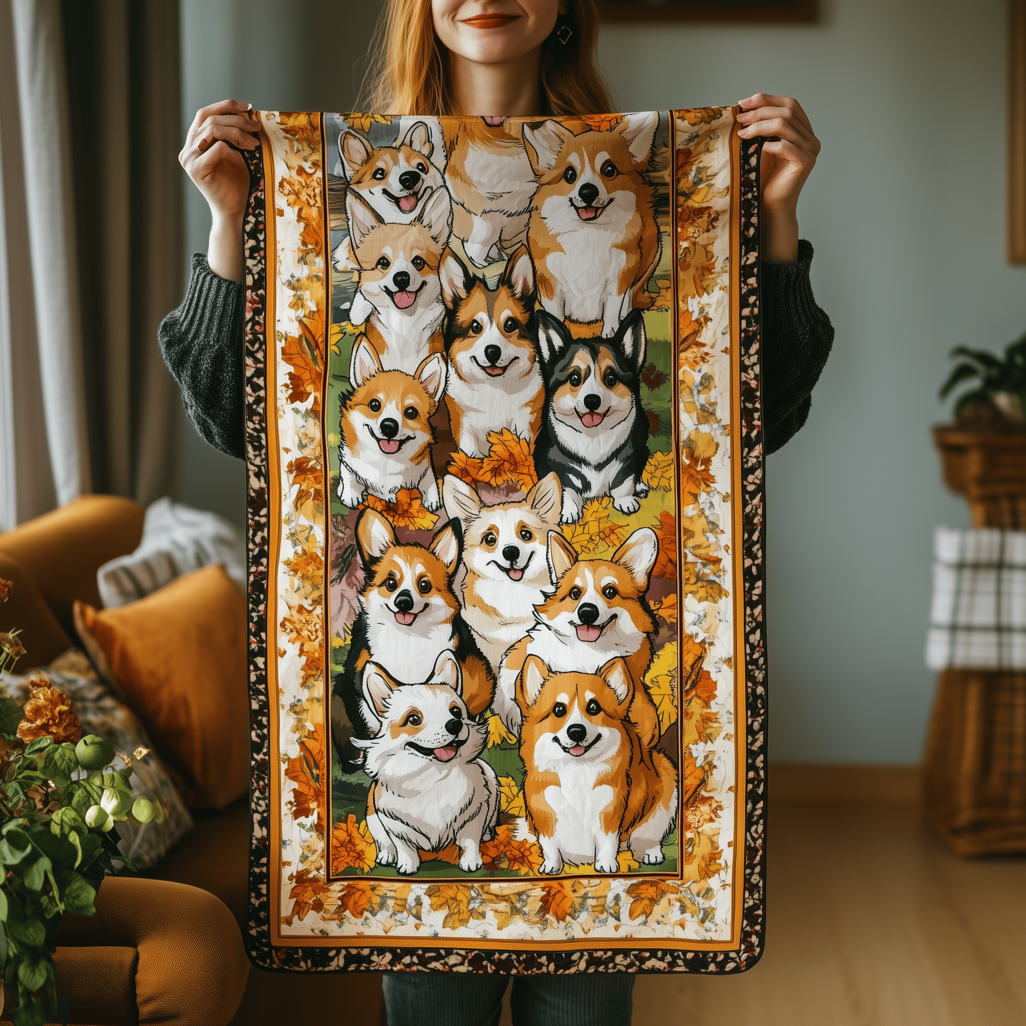 Corgi Autumn Vibe Quilted Table Runner Cute Dog Lovers Decorations Corgi Owner Gifts