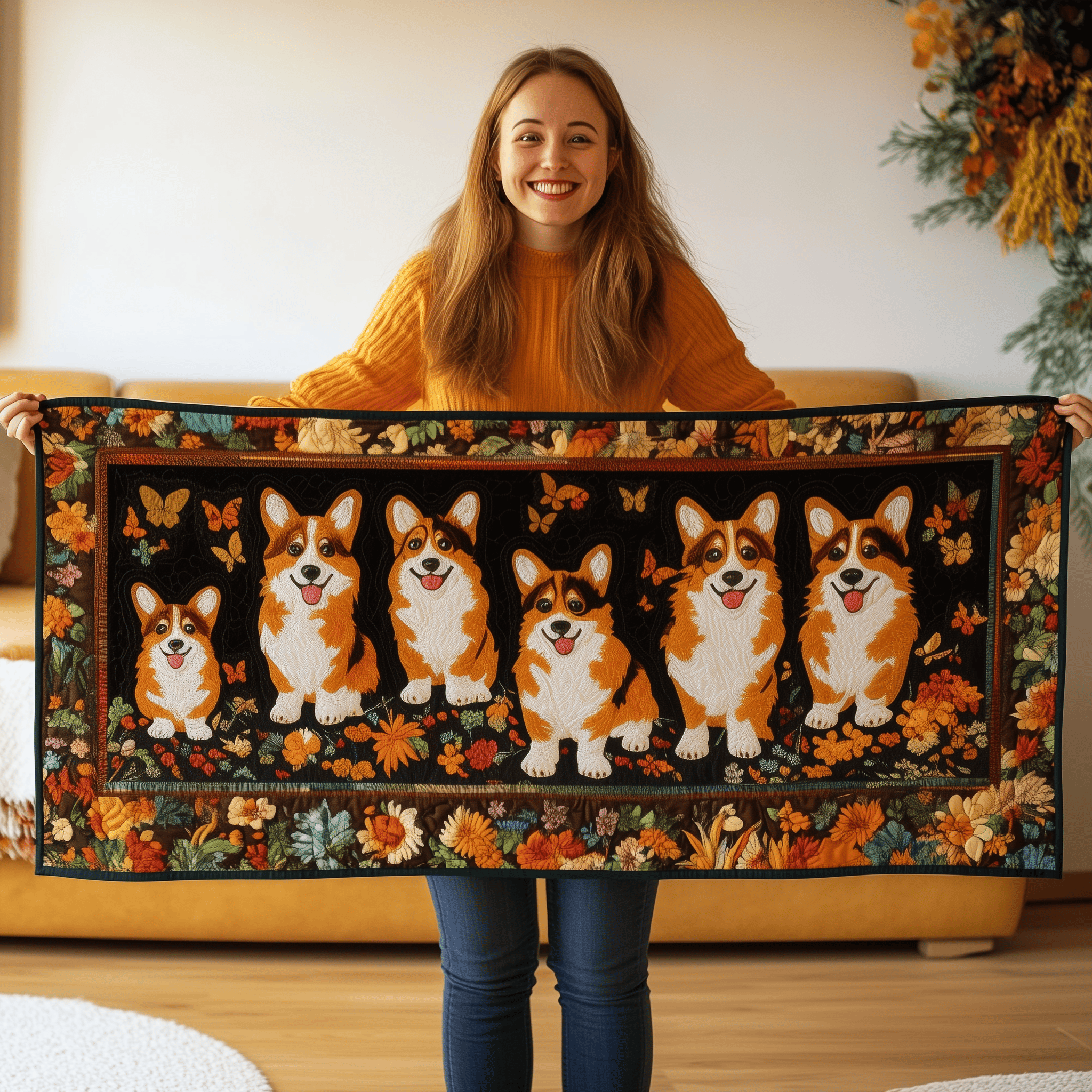 Corgi Autumn Vibe Quilted Table Runner Cute Indoor Decorations Corgi Lovers Gifts