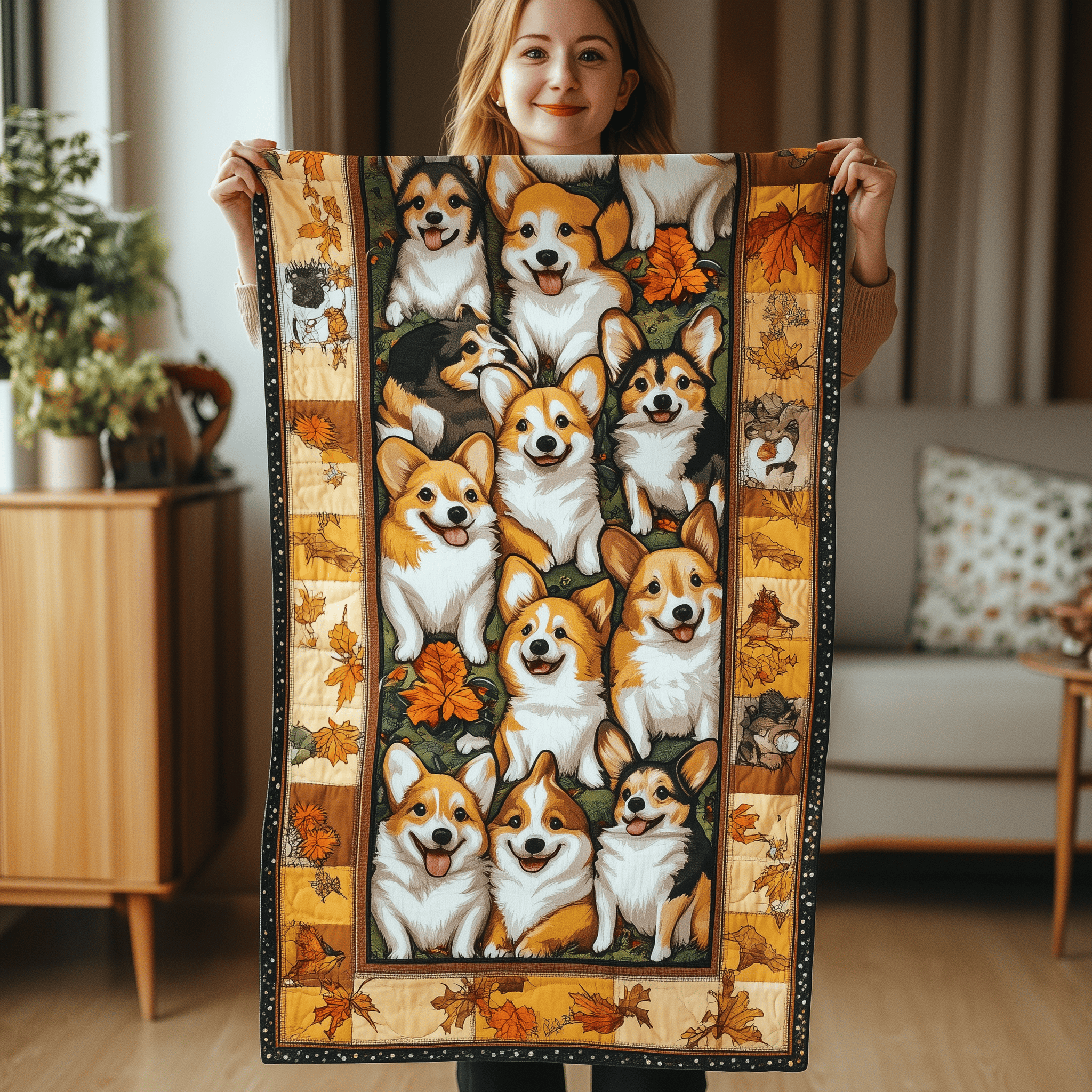 Corgi Autumn Vibe Quilted Table Runner Cute Indoor Decorations Corgi Themed Gifts