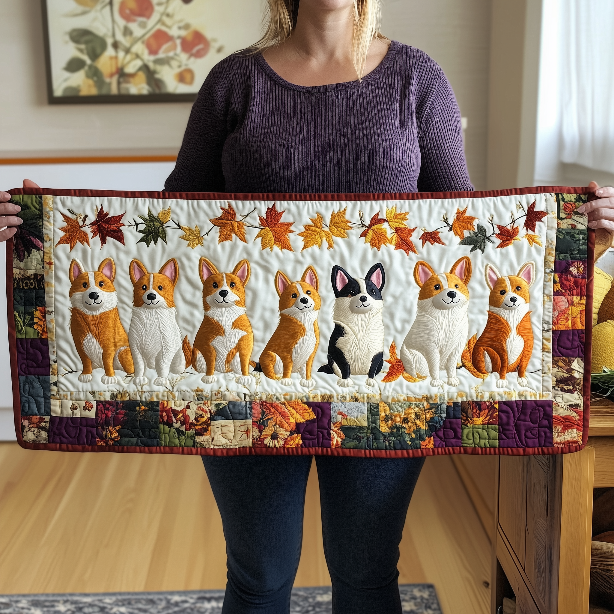 Corgi Autumn Vibe Quilted Table Runner Cute Modern Table Runner Items Xmas Gifts For Corgi Lovers
