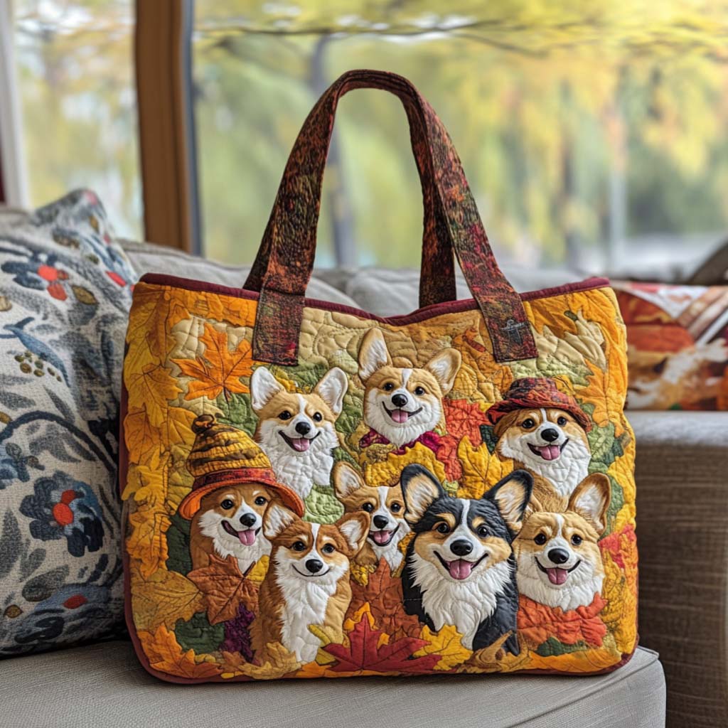Corgi Autumn Vibes Quilted Tote Bag Cute Fall Gifts For Girlfriend