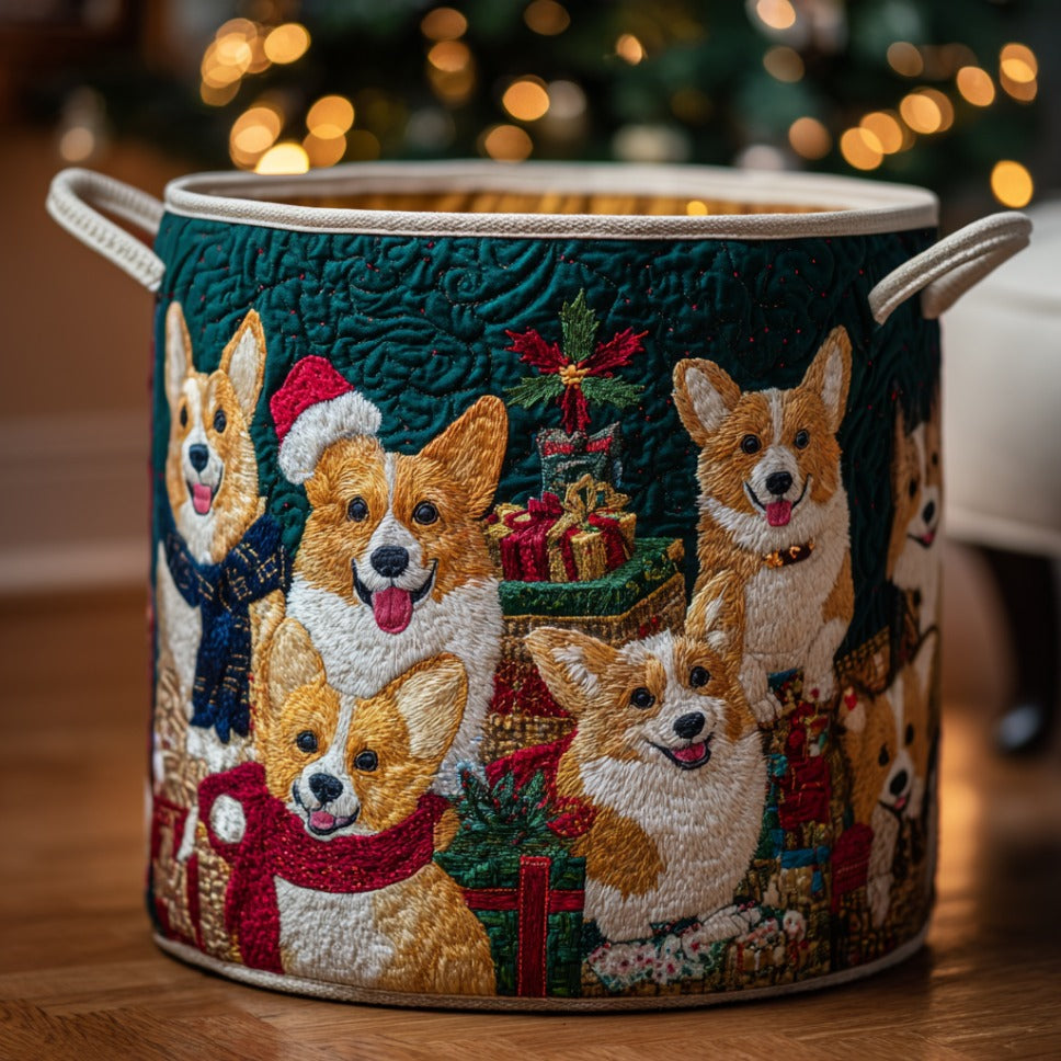 Corgi Cabin Christmas Quilted Laundry Basket Soft and Durable Quilted Storage Basket for Laundry Room