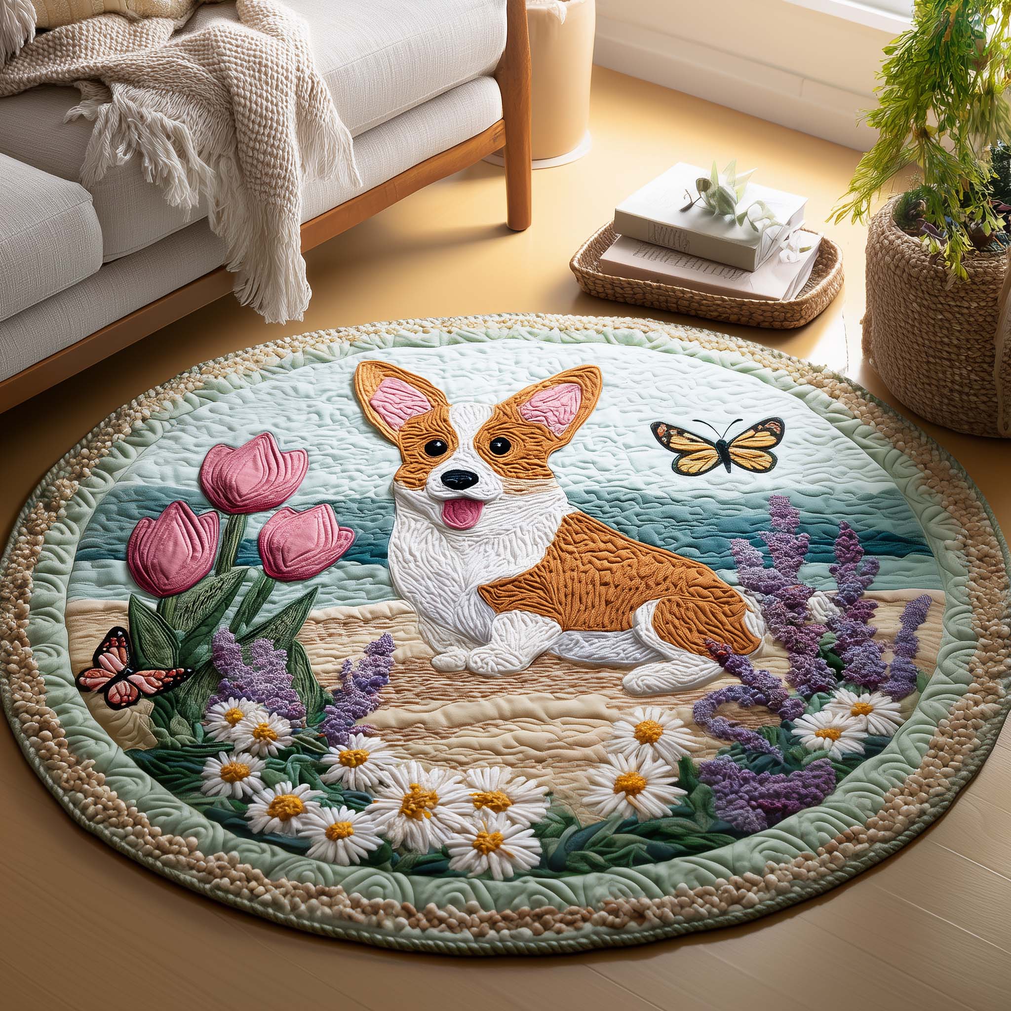 Corgi Charm Quilted Round Mat Non-Slip Quilted Round Mat for Safety and Style